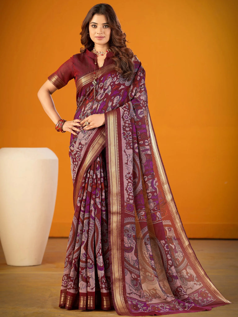Spectacular Maroon Kalamkari Print Chanderi Wedding Wear Saree With Blouse