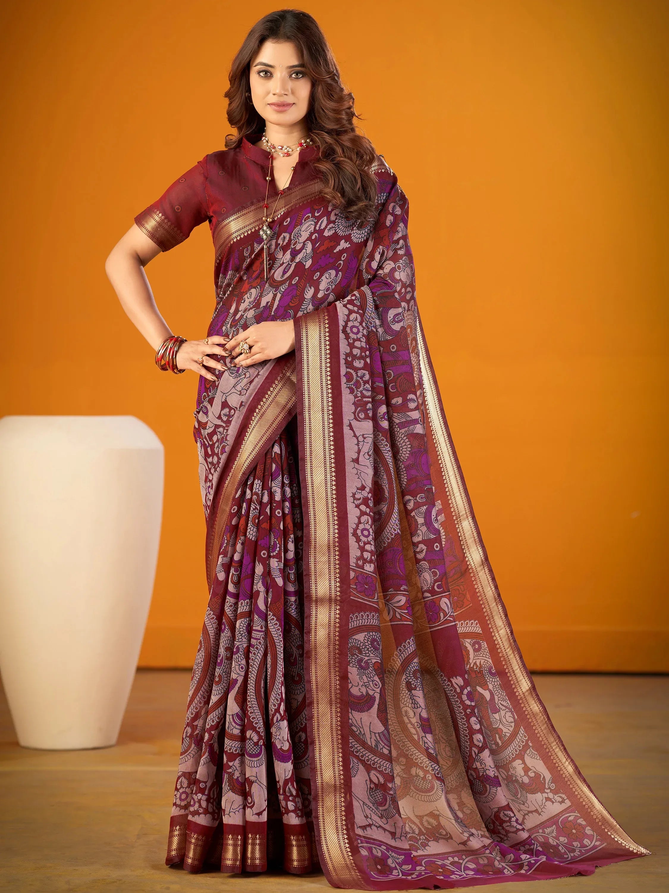 Spectacular Maroon Kalamkari Print Chanderi Wedding Wear Saree With Blouse
