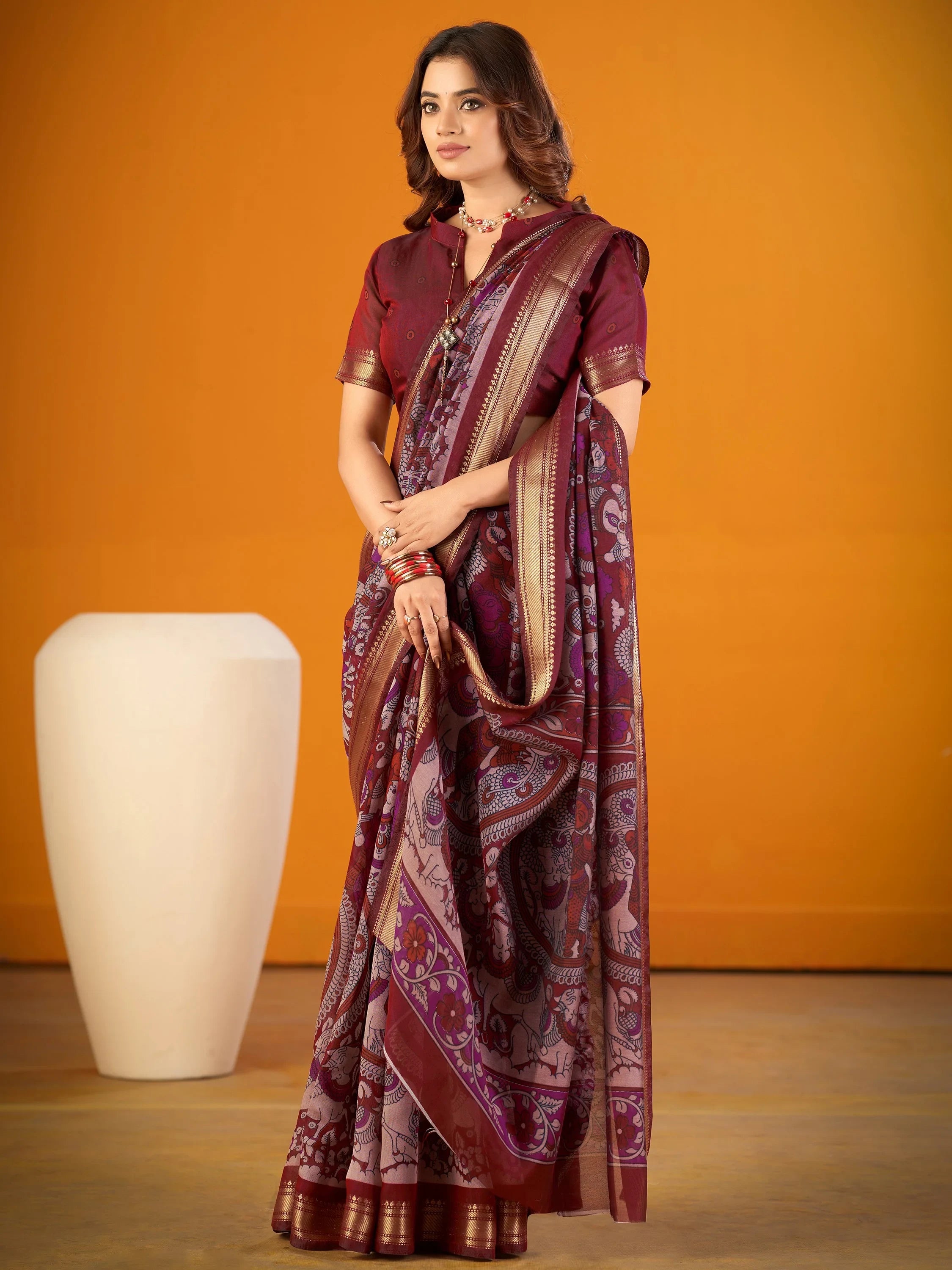 Spectacular Maroon Kalamkari Print Chanderi Wedding Wear Saree With Blouse