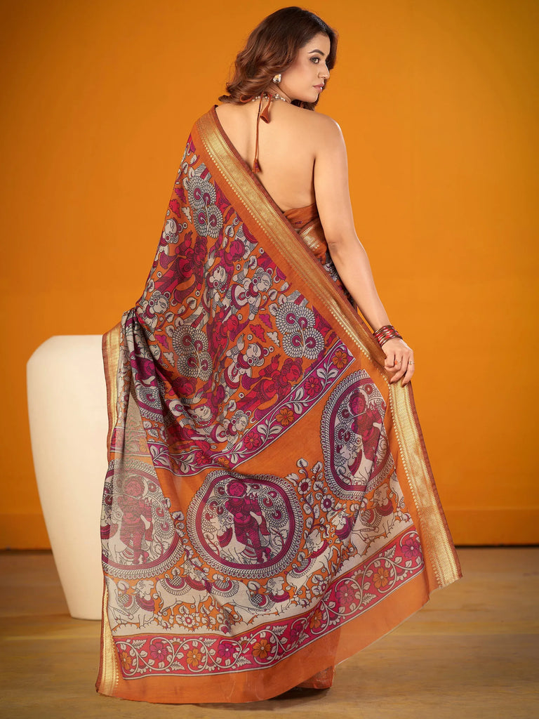 Pretty Mustard Yellow Kalamkari Print Chanderi Festive Wear Saree With Blouse