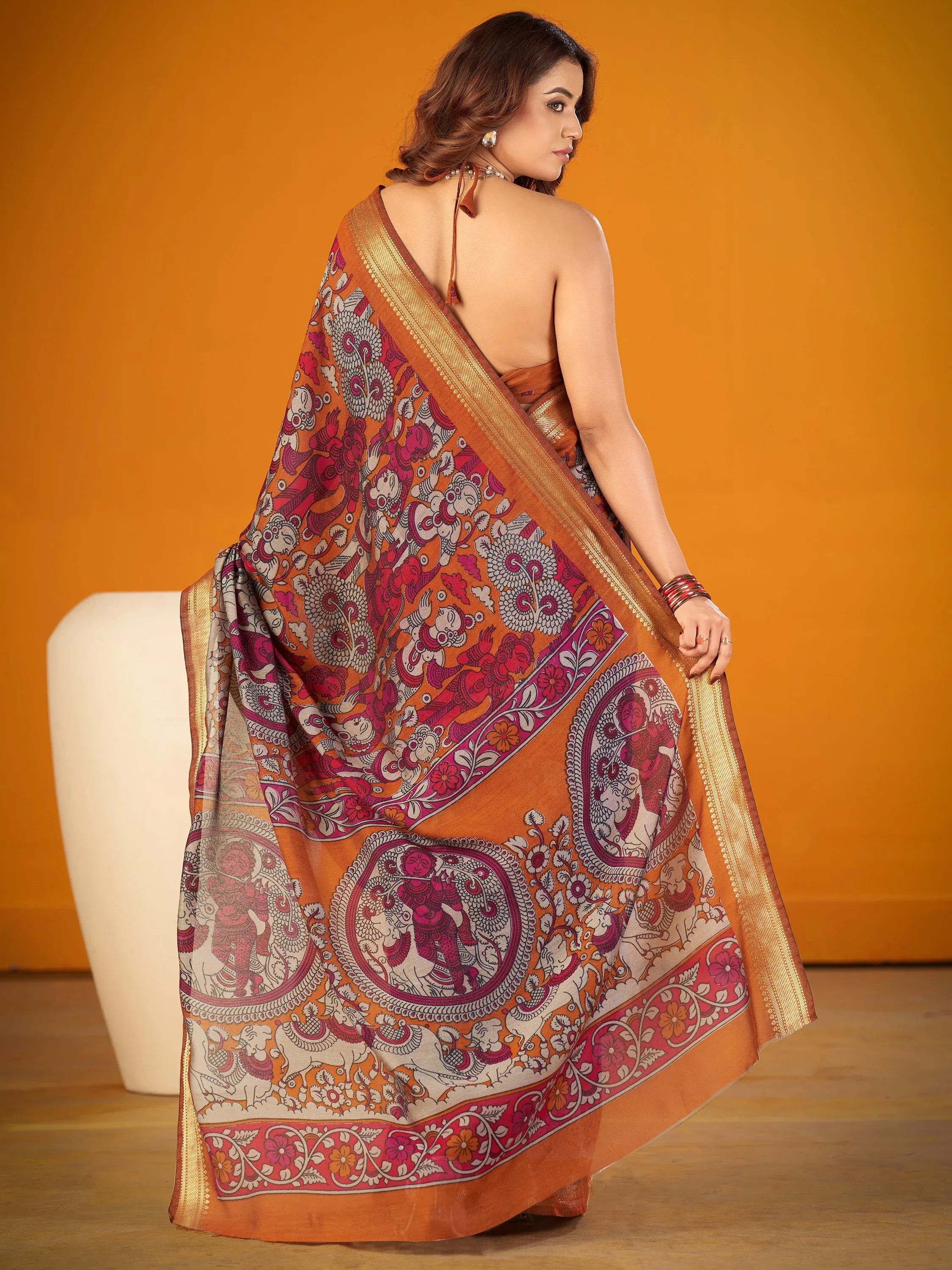 Pretty Mustard Yellow Kalamkari Print Chanderi Festive Wear Saree With Blouse