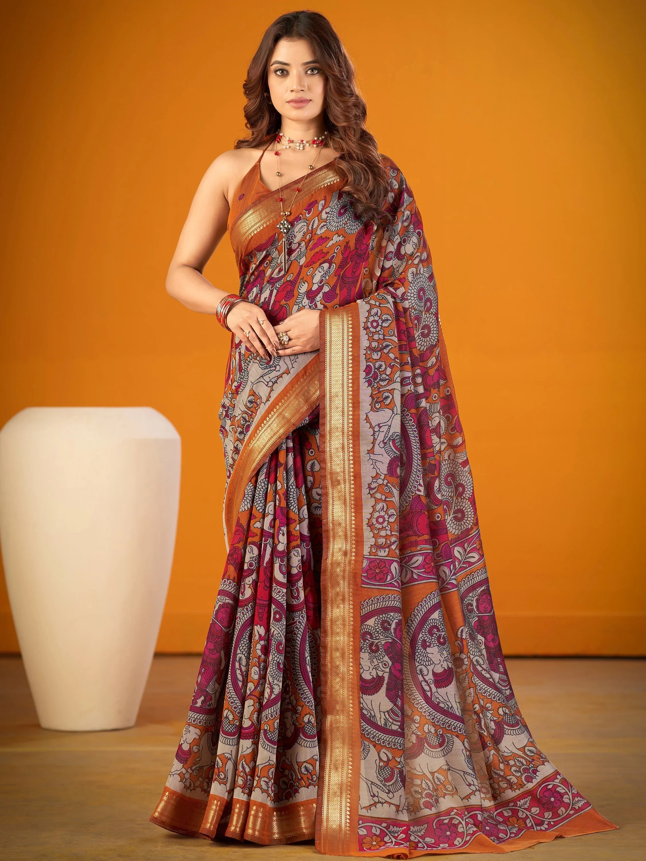 Pretty Mustard Yellow Kalamkari Print Chanderi Festive Wear Saree With Blouse