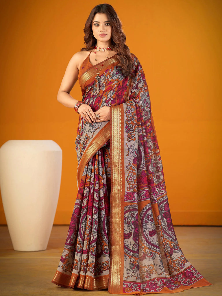 Pretty Mustard Yellow Kalamkari Print Chanderi Festive Wear Saree With Blouse