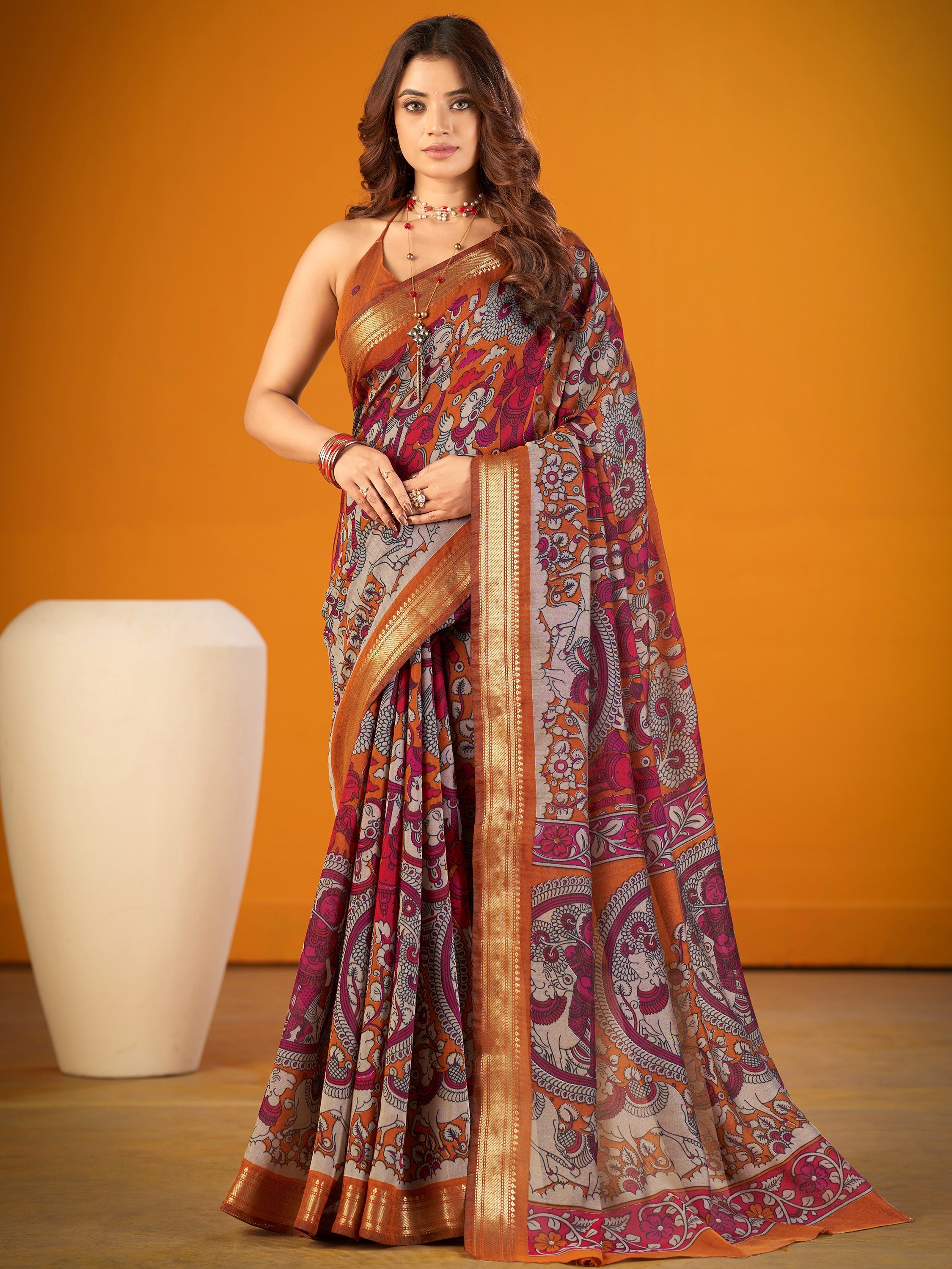 Pretty Mustard Yellow Kalamkari Print Chanderi Festive Wear Saree With Blouse