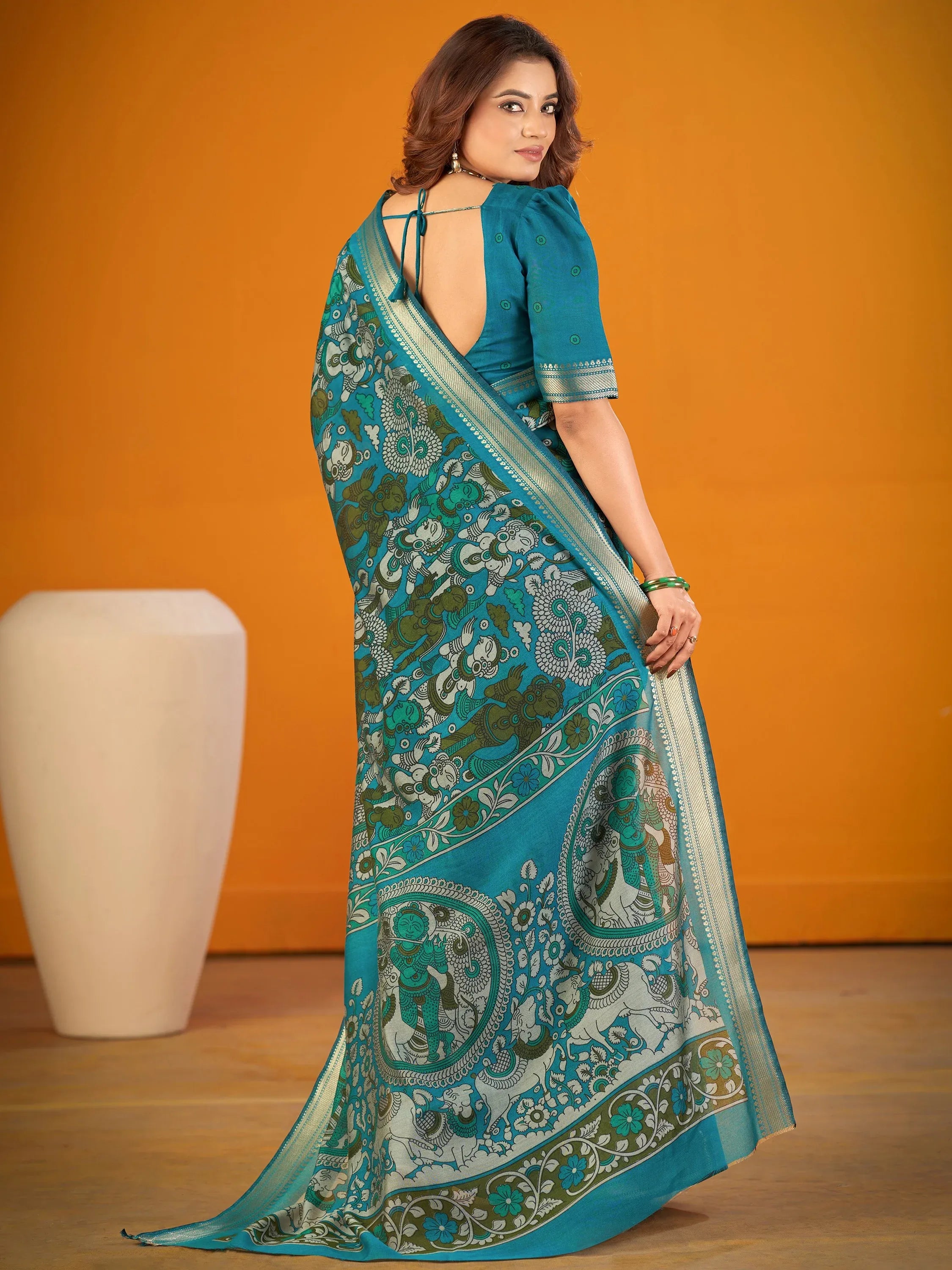 Glorious Teal Blue Kalamkari Print Chanderi Function Wear Saree With Blouse