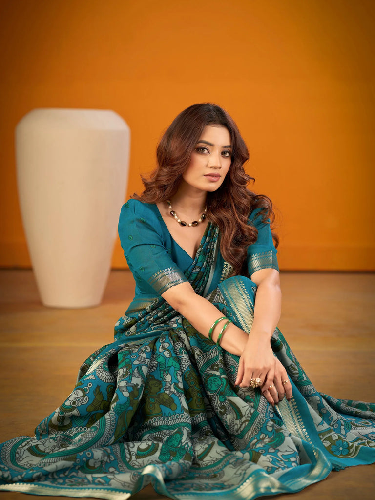 Glorious Teal Blue Kalamkari Print Chanderi Function Wear Saree With Blouse
