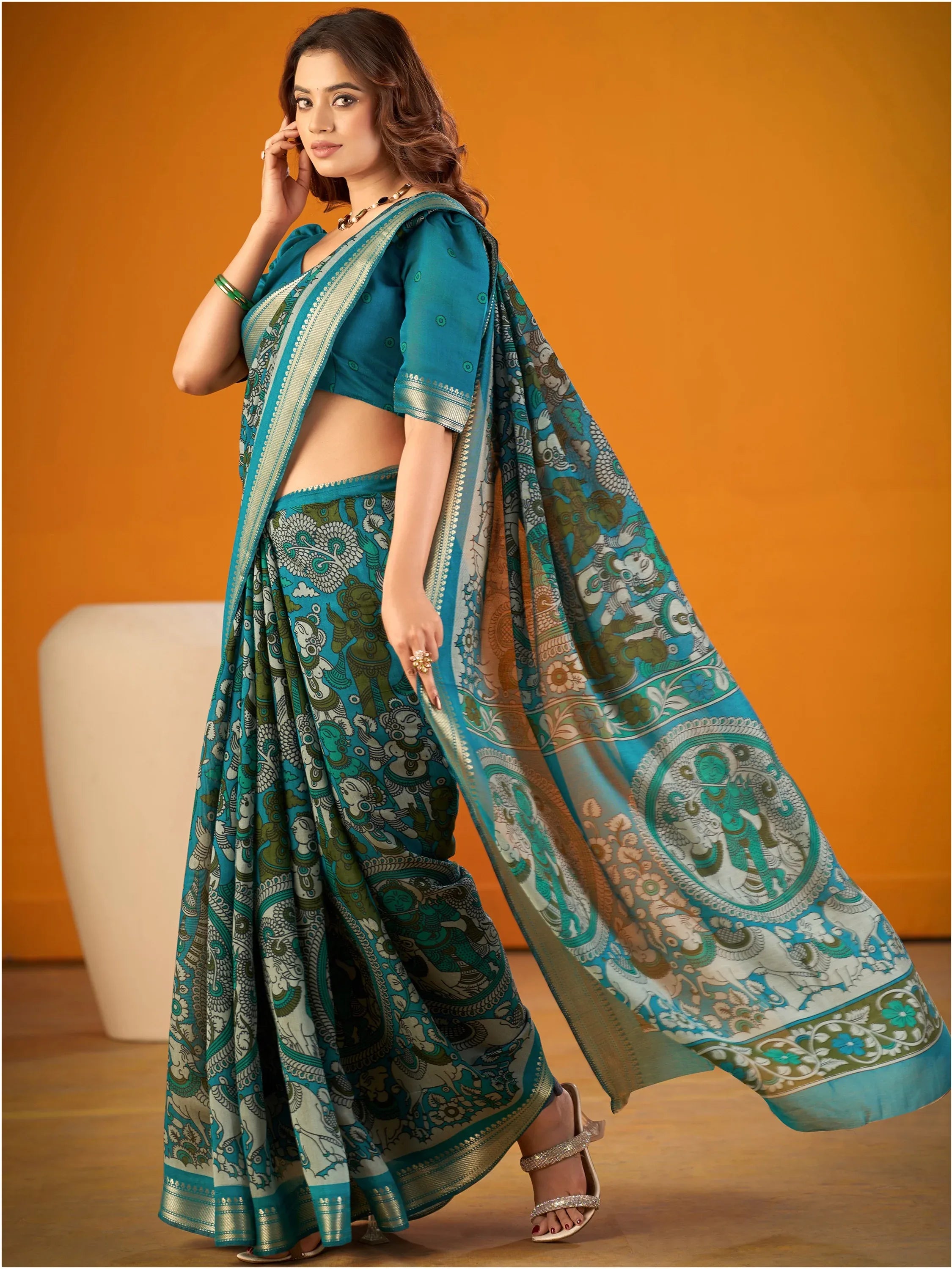 Glorious Teal Blue Kalamkari Print Chanderi Function Wear Saree With Blouse