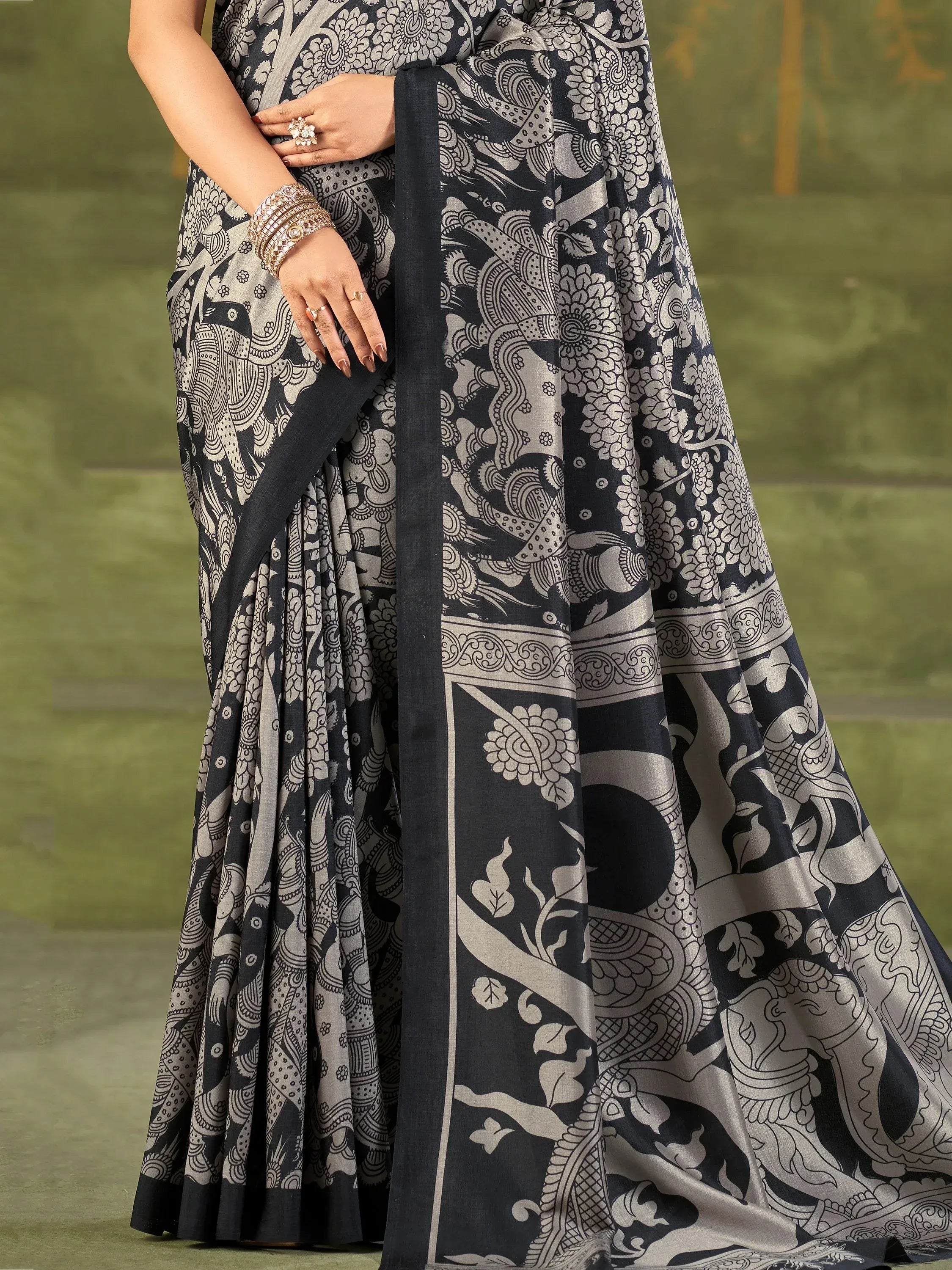 Wonderful Black Kalamkari Printed Silk Festival Wear Saree With Blouse