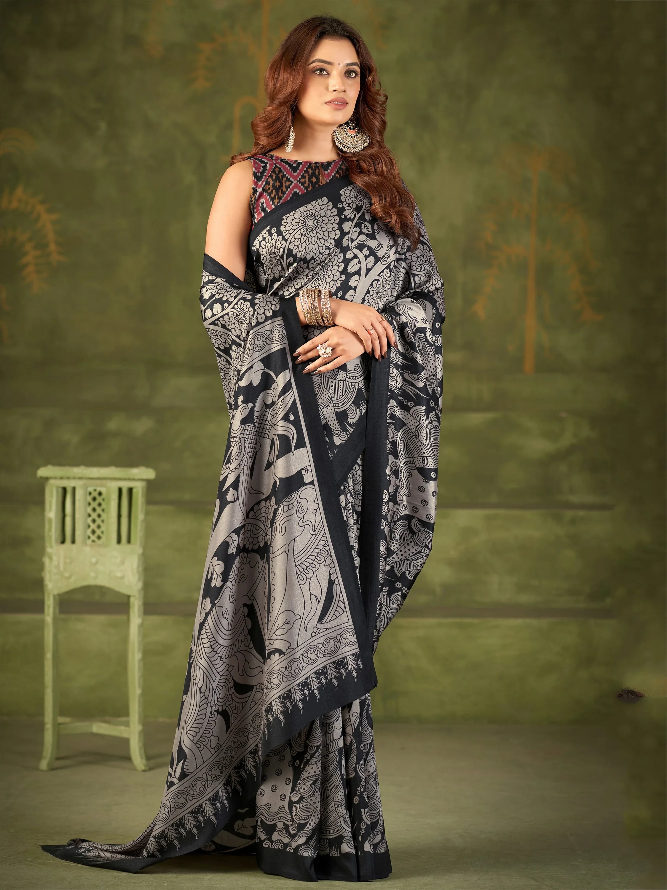 Wonderful Black Kalamkari Printed  Silk Festival Wear Saree With Blouse