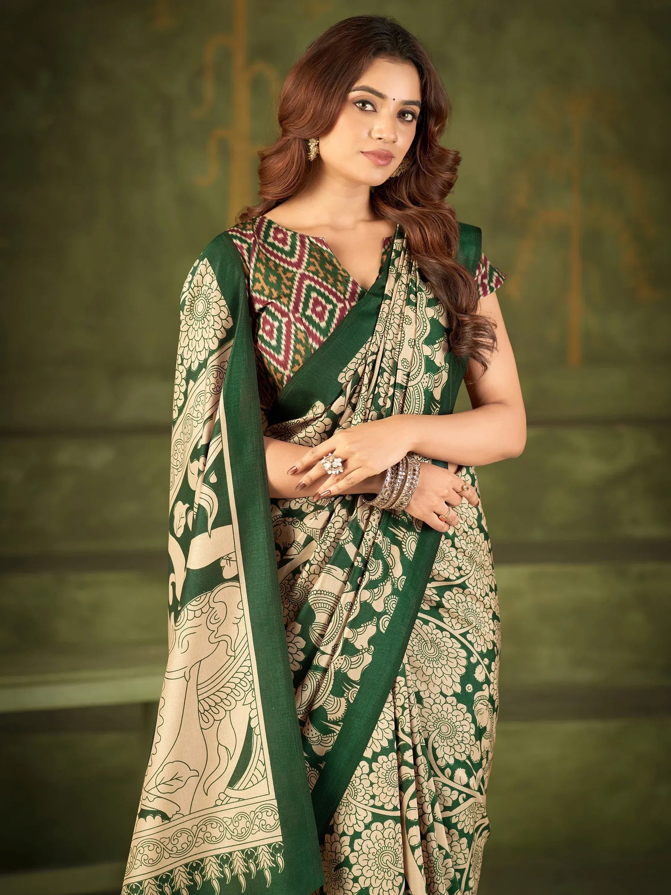 Fantastic Green Printed Silk Office Wear Saree With Blouse