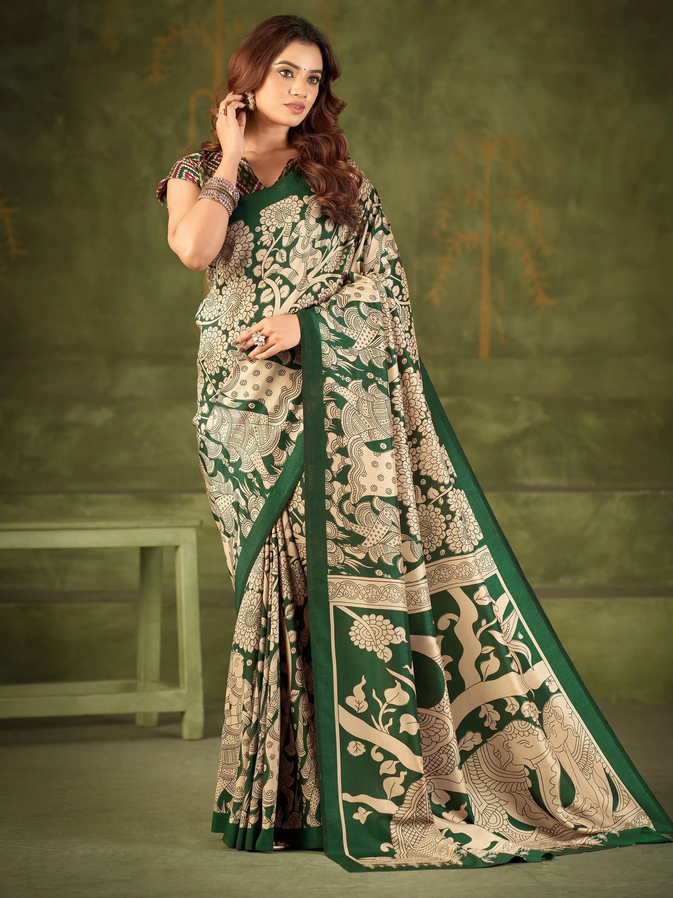 Fantastic Green Printed Silk Office Wear Saree With Blouse
