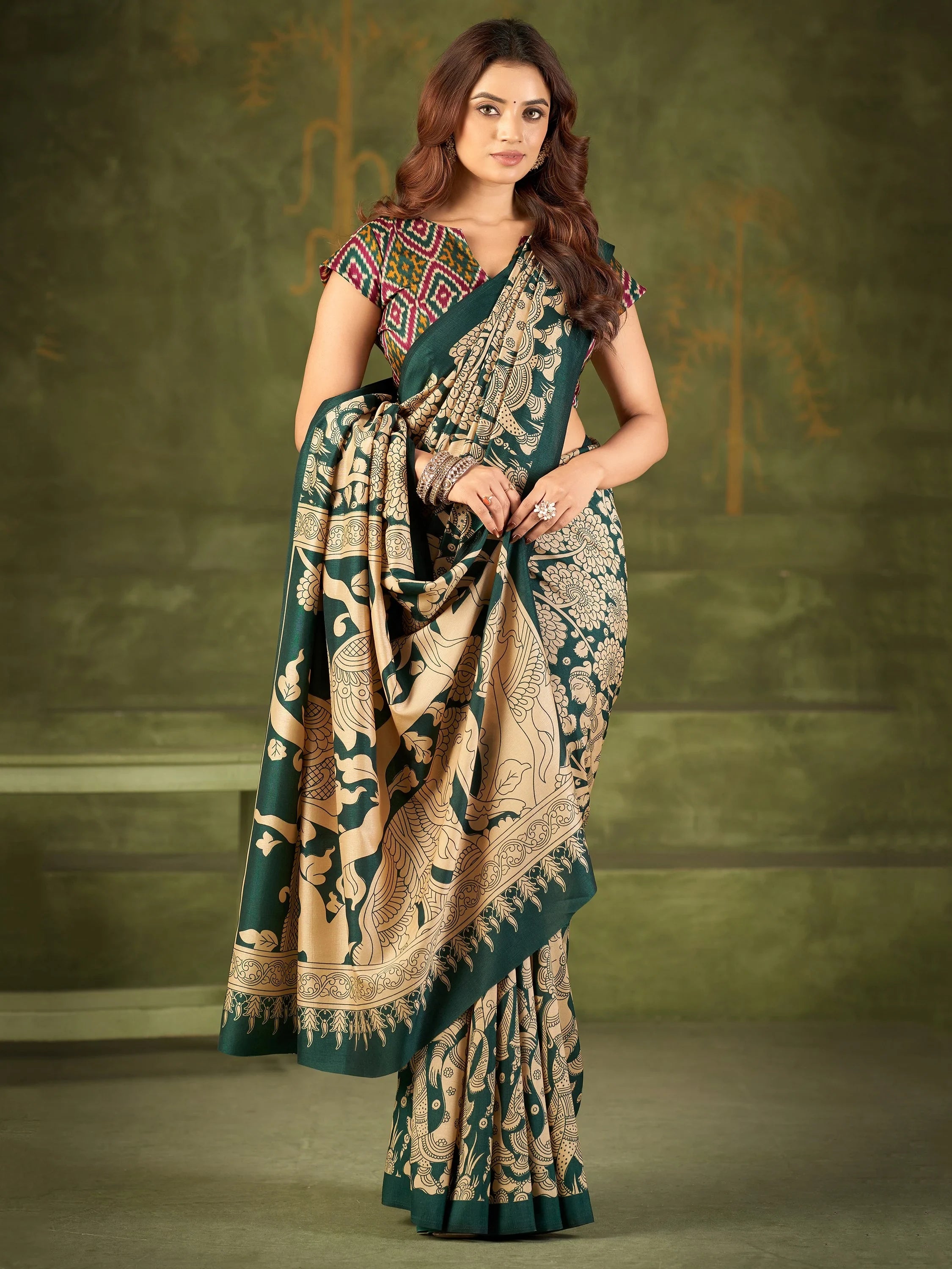 Fantastic Green Printed Silk Office Wear Saree With Blouse
