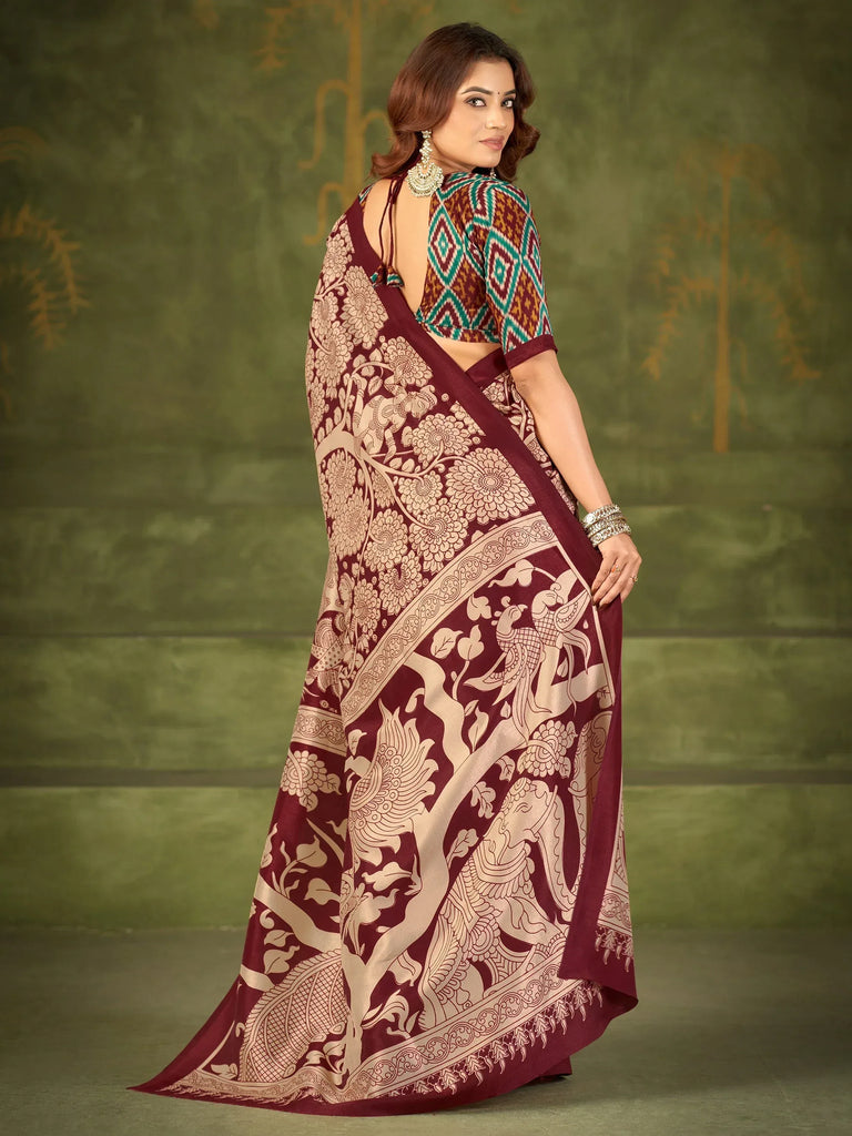 Fabulous Maroon Kalamkari Printed Silk Festival Wear Saree With Blouse