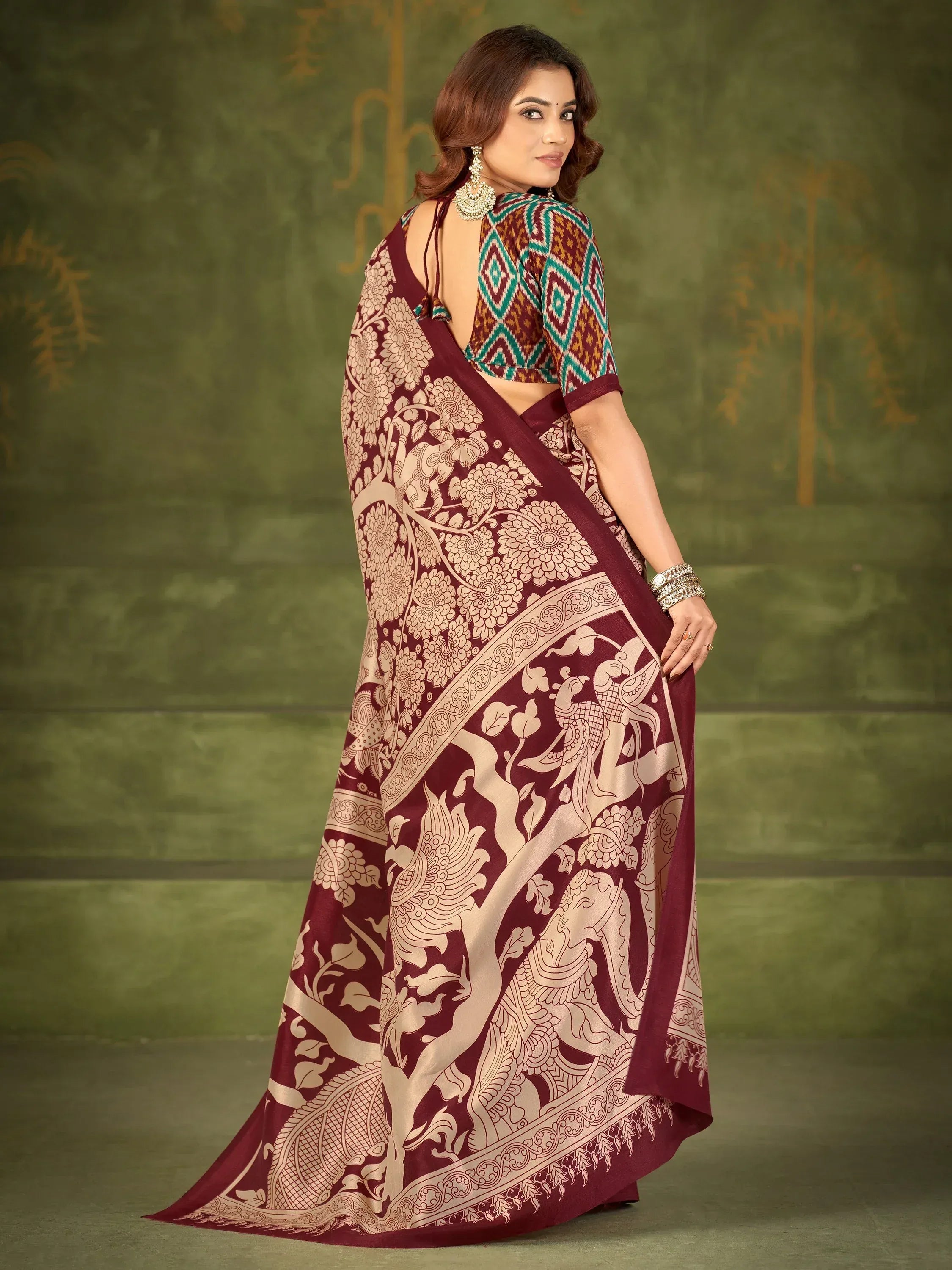 Fabulous Maroon Kalamkari Printed Silk Festival Wear Saree With Blouse