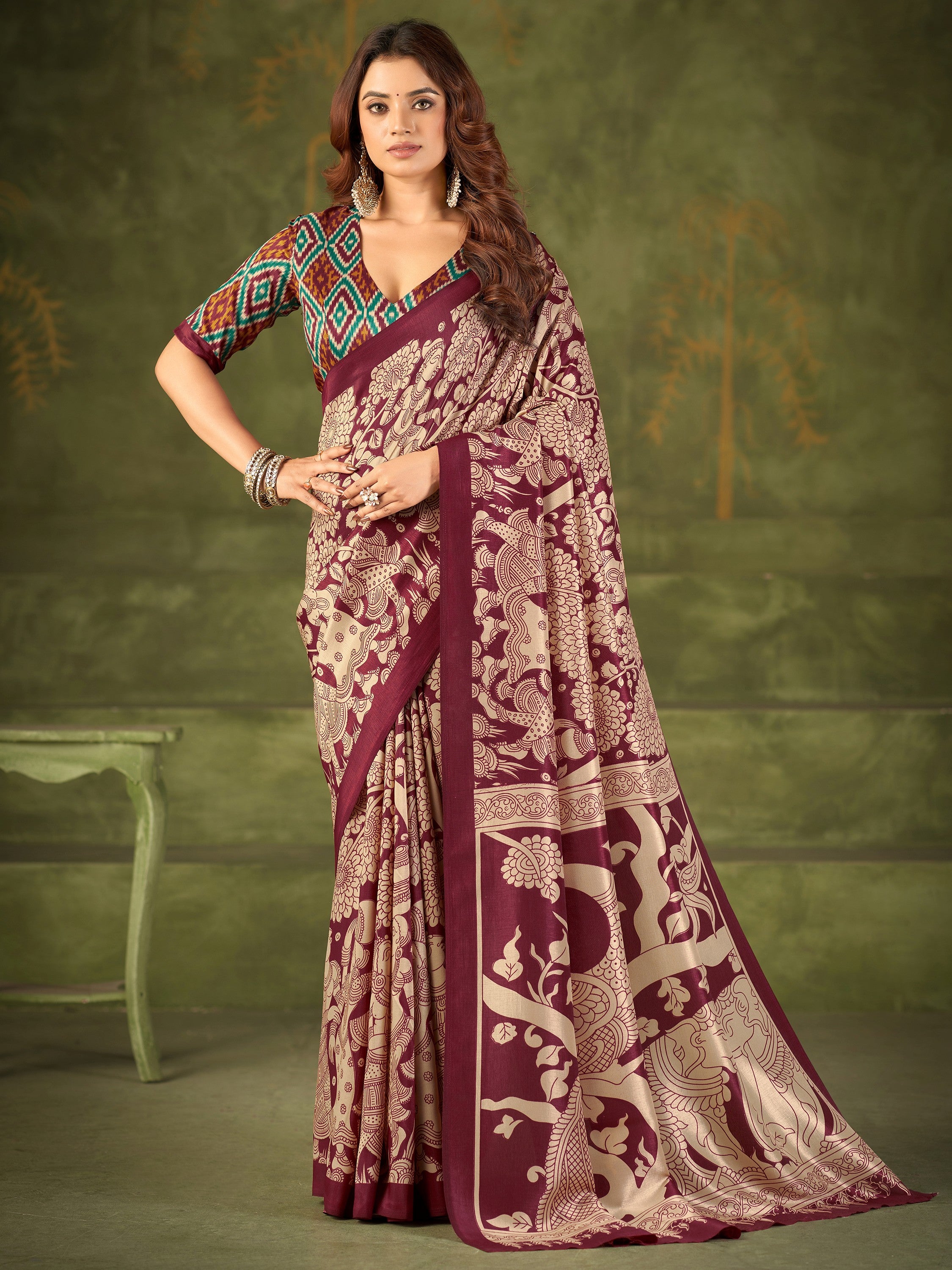 Fabulous Maroon Kalamkari Printed Silk Festival Wear Saree With Blouse