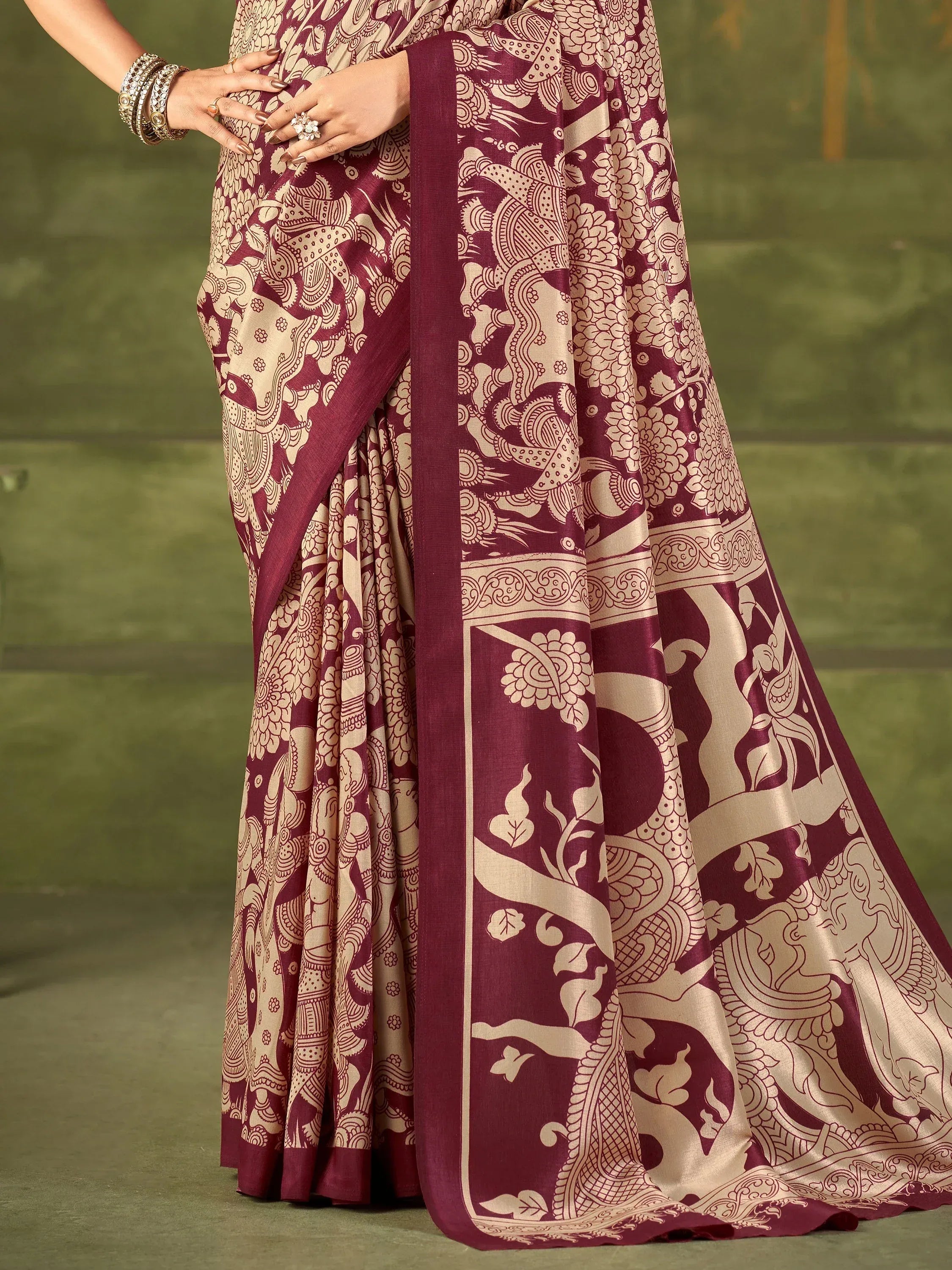 Fabulous Maroon Kalamkari Printed Silk Festival Wear Saree With Blouse