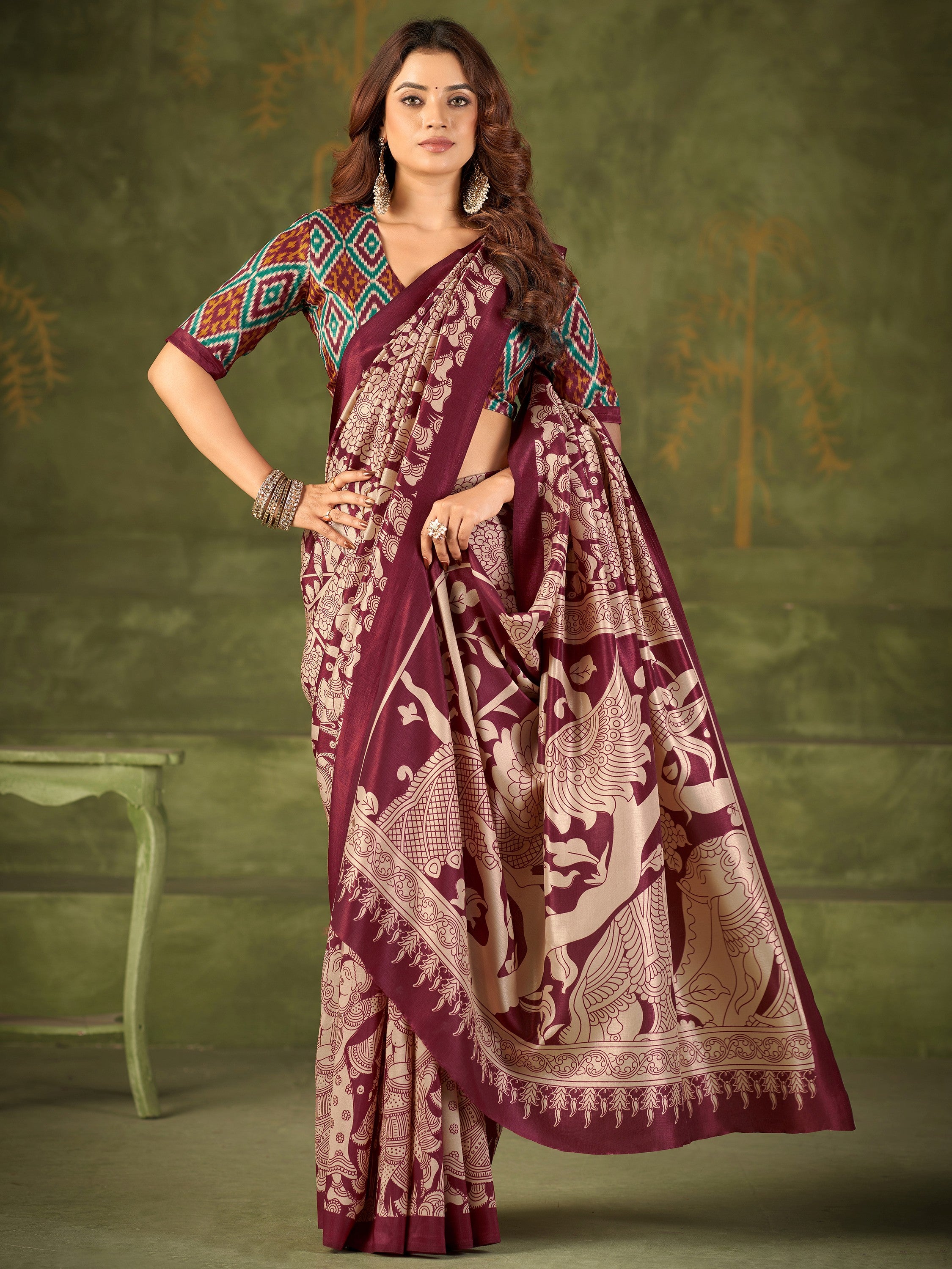 Fabulous Maroon Kalamkari Printed Silk Festival Wear Saree With Blouse