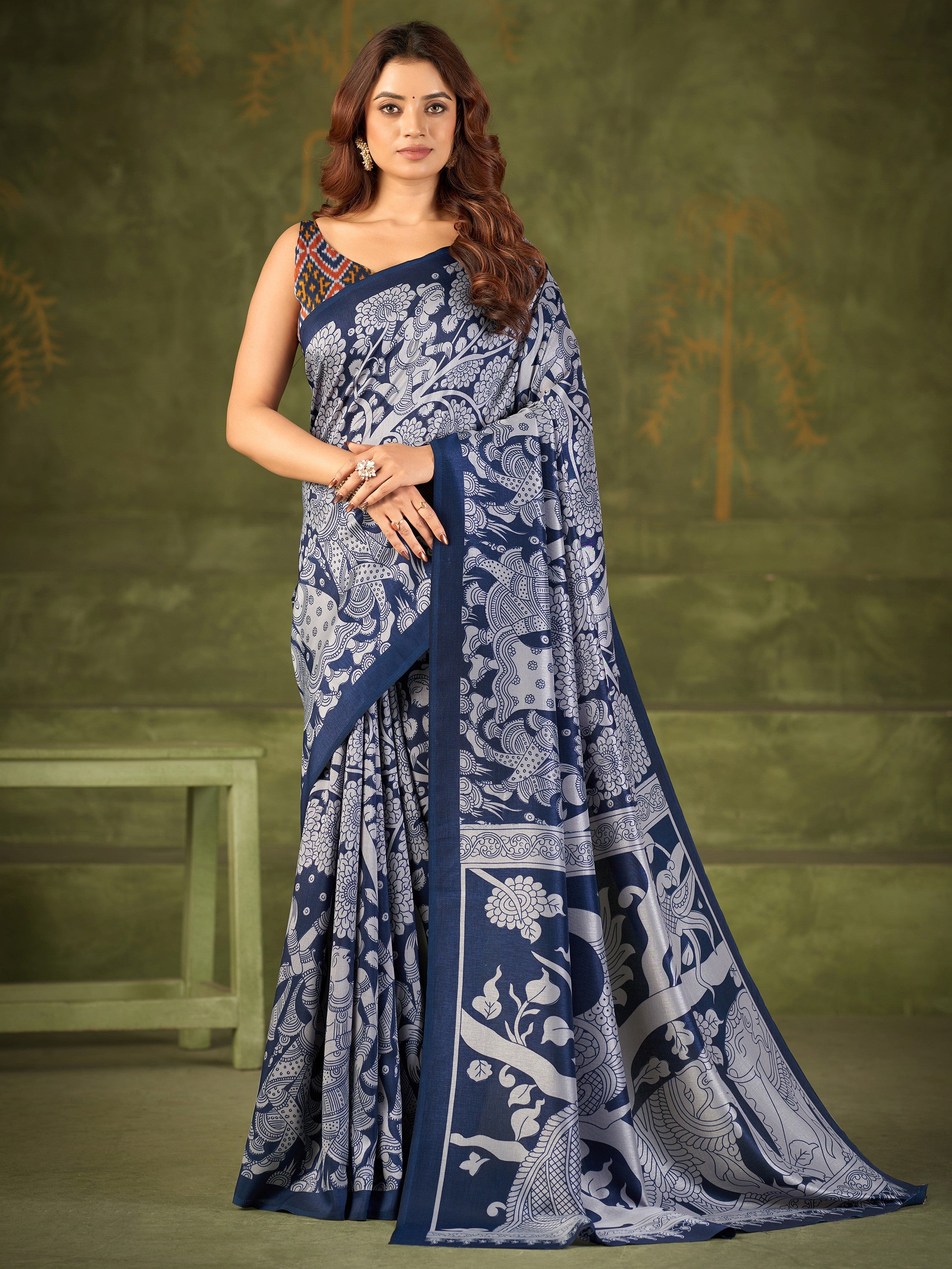 Royal Navy Blue Kalamkari Printed Silk Festival Wear Saree With Blouse