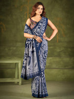 Royal Navy Blue Printed Silk Office Wear Saree With Blouse
