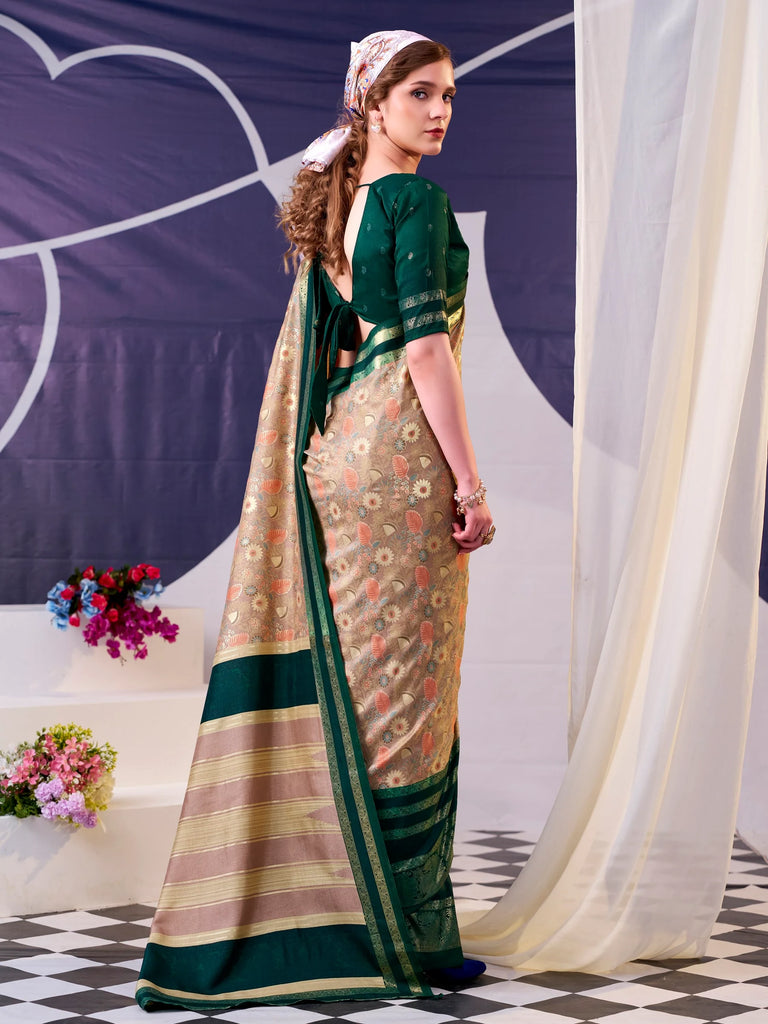 Fabulous Green Foil Work Silk Mehendi Wear Saree With Blouse