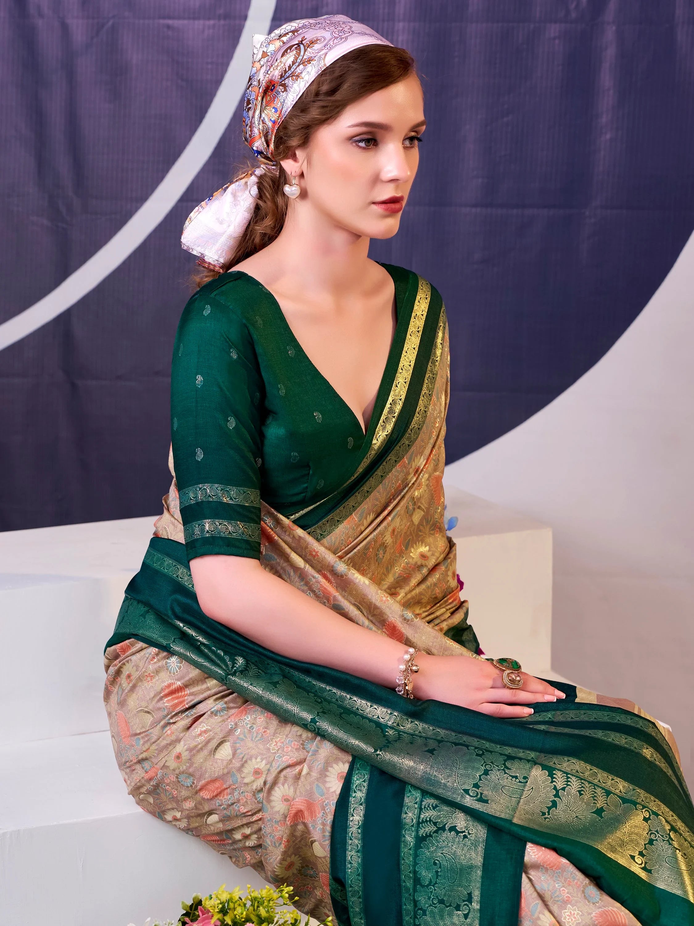 Fabulous Green Foil Work Silk Mehendi Wear Saree With Blouse