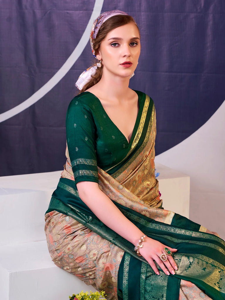 Fabulous Green Foil Work Silk Mehendi Wear Saree With Blouse