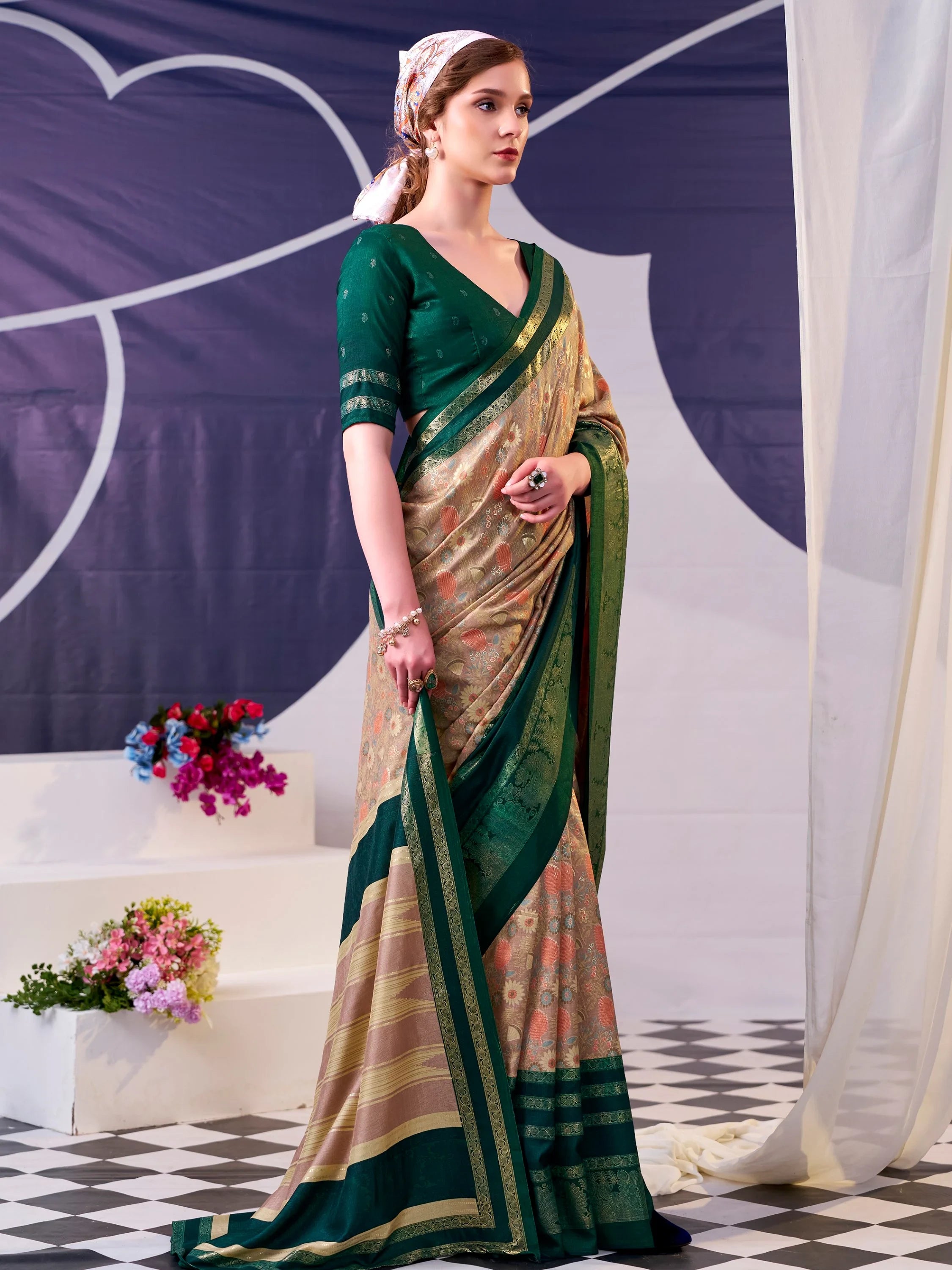 Fabulous Green Foil Work Silk Mehendi Wear Saree With Blouse