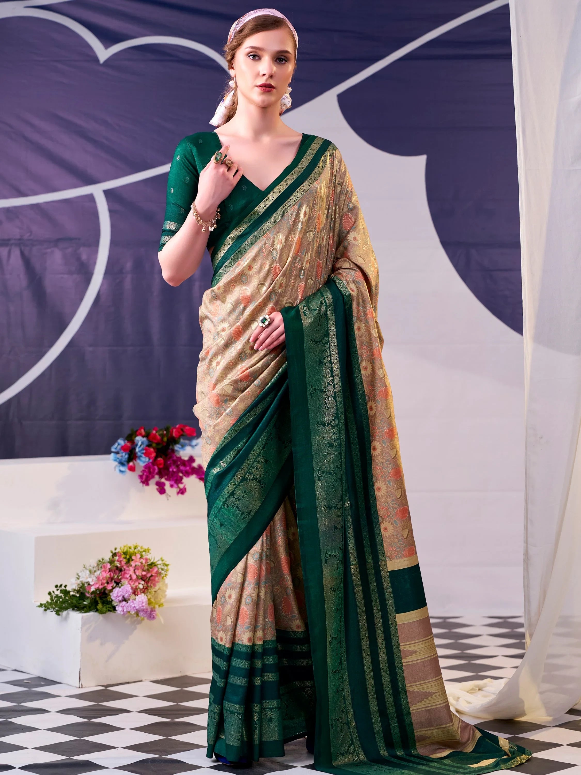 Fabulous Green Foil Work Silk Mehendi Wear Saree With Blouse
