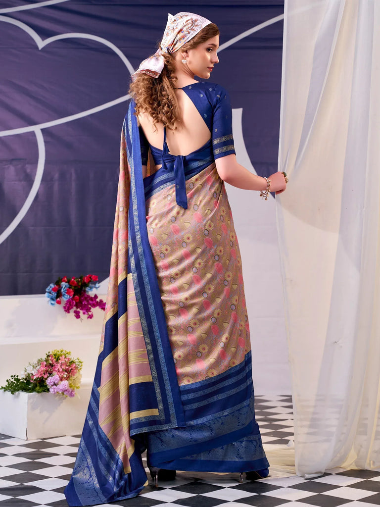 Pretty Navy Blue Floral Printed Silk Event Wear Saree With Blouse