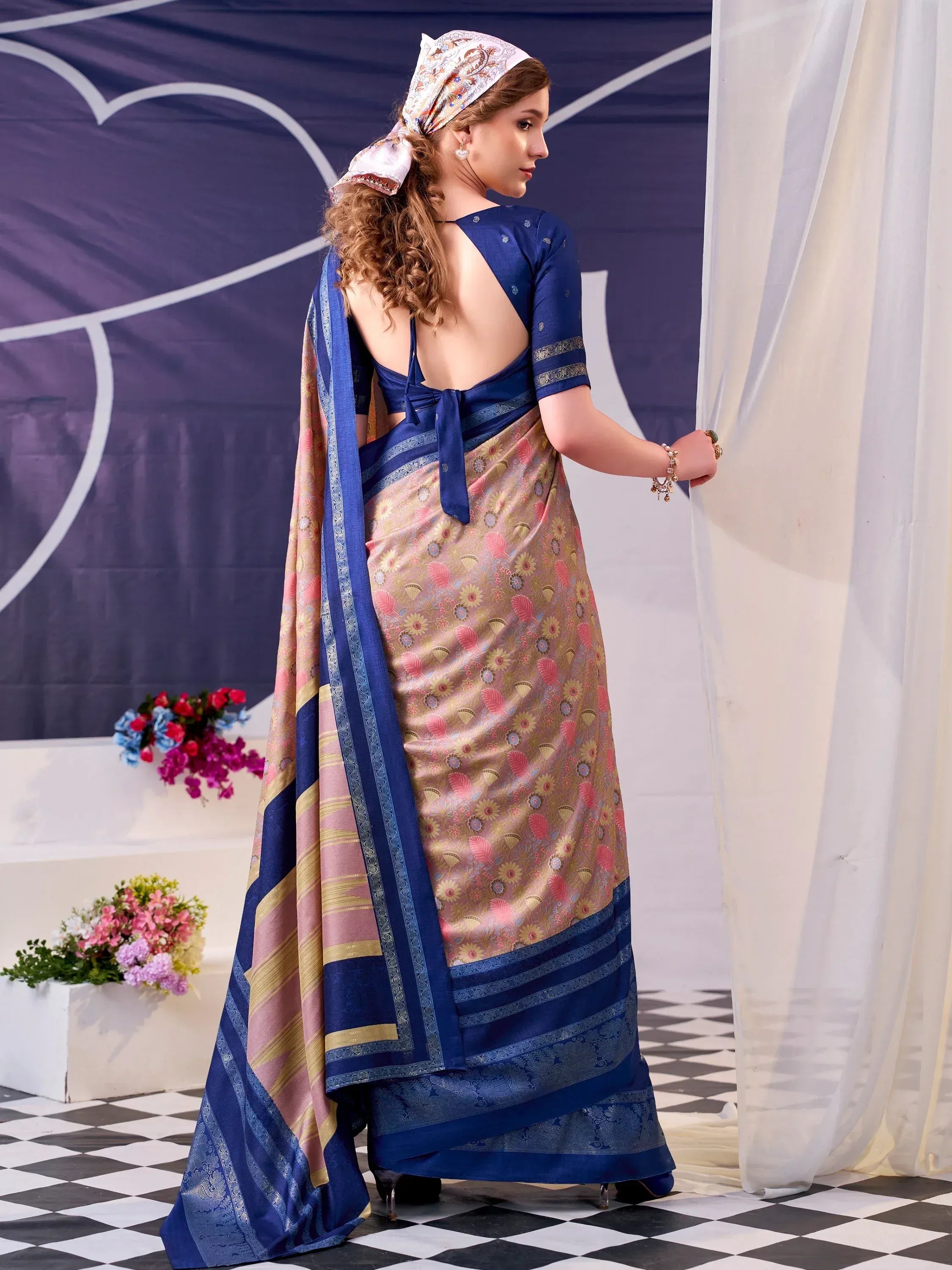 Pretty Navy Blue Floral Printed Silk Event Wear Saree With Blouse