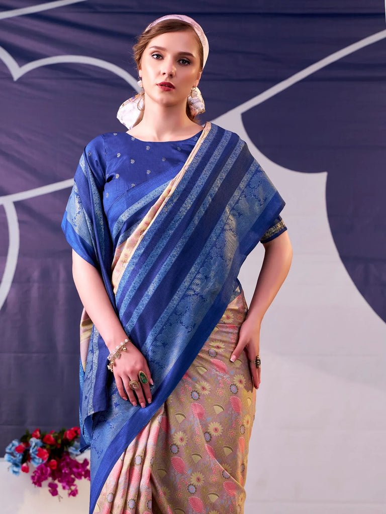 Pretty Navy Blue Floral Printed Silk Event Wear Saree With Blouse