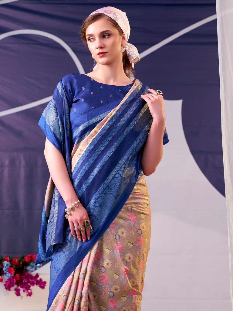 Pretty Navy Blue Floral Printed Silk Event Wear Saree With Blouse