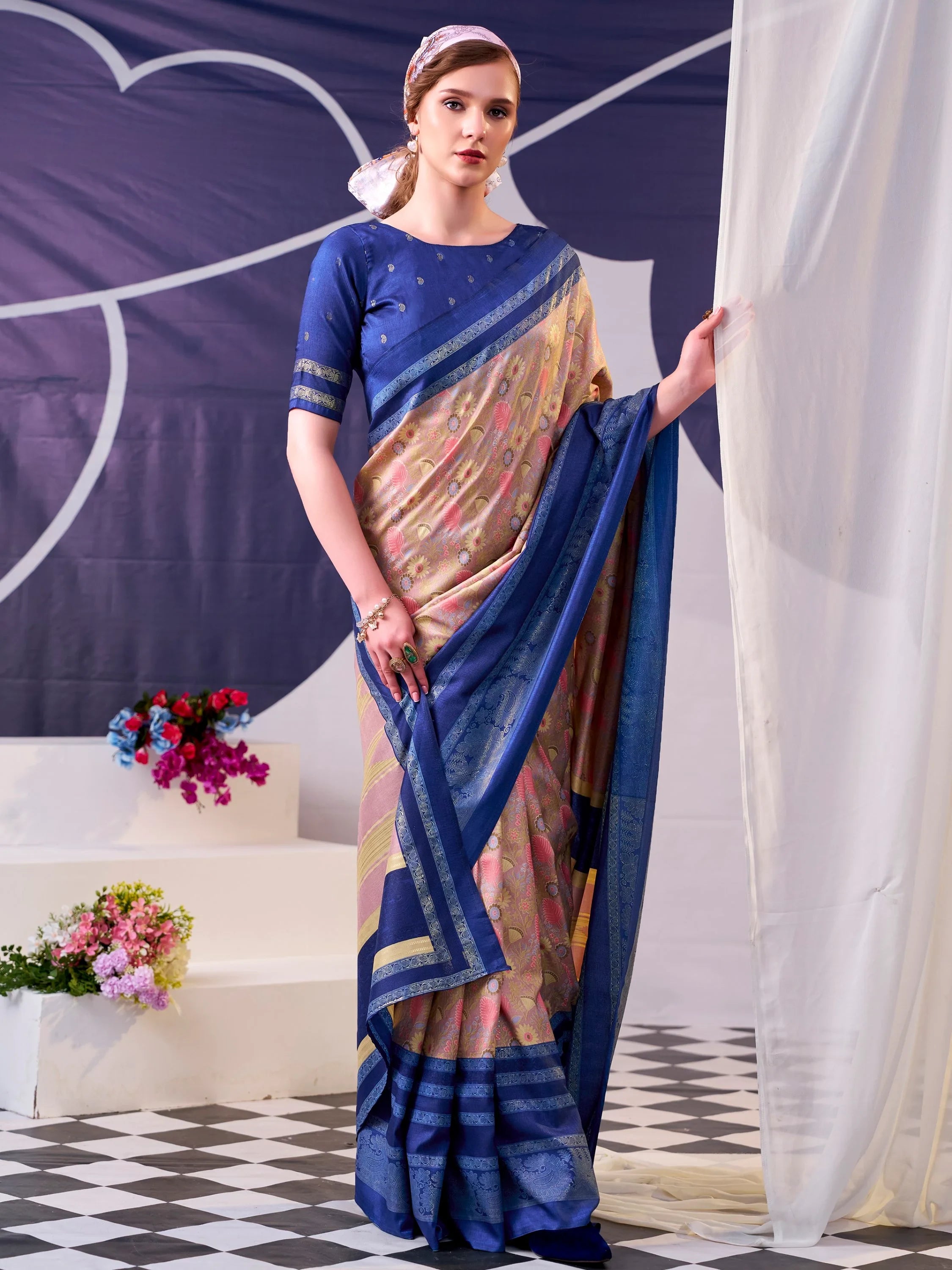 Pretty Navy Blue Floral Printed Silk Event Wear Saree With Blouse