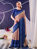 Pretty Navy Blue Floral Printed Silk Event Wear Saree With Blouse