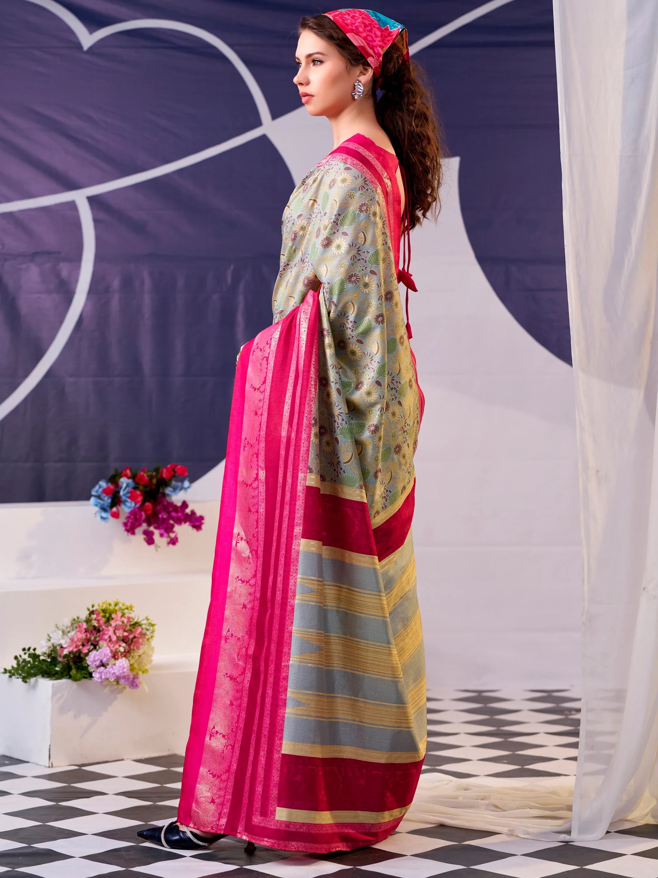 Notable Pink Flower Printed Silk Festive Wear Saree With Blouse