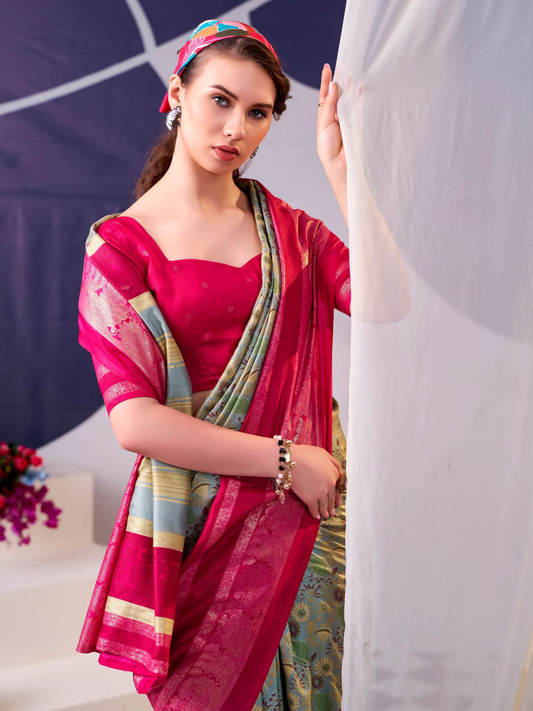 Notable Pink Flower Printed Silk Festive Wear Saree With Blouse