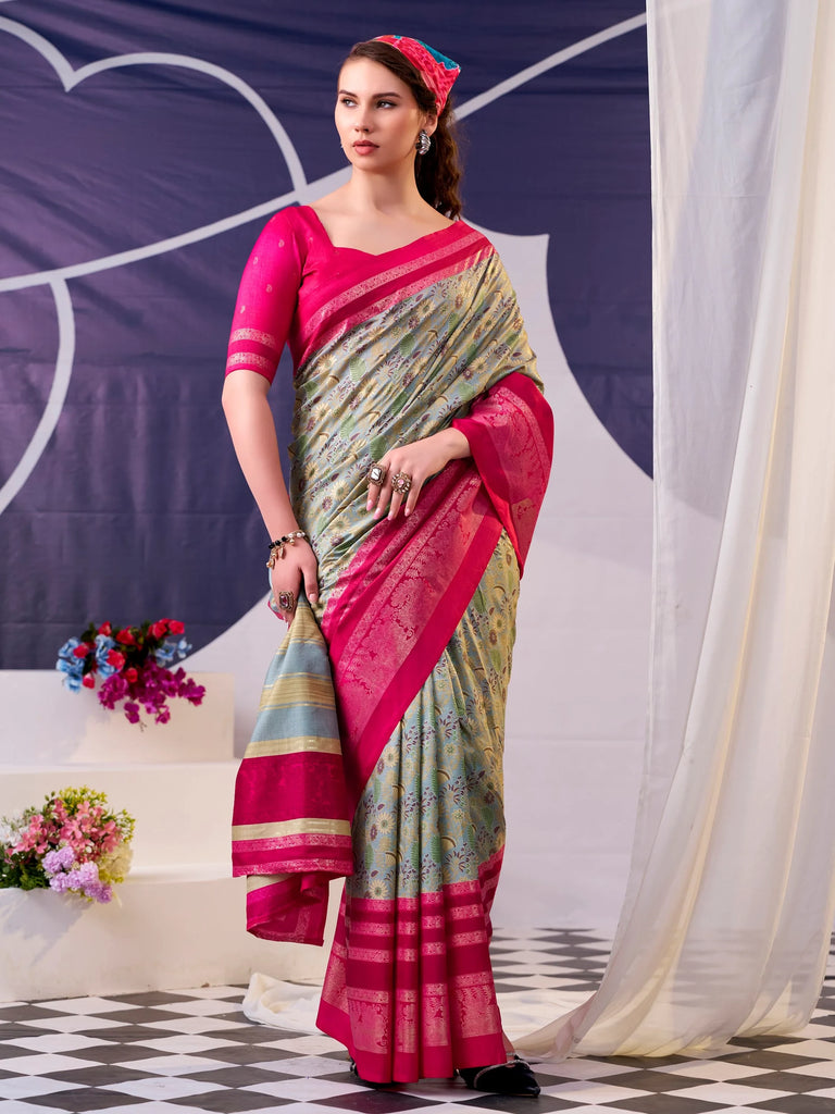 Notable Pink Flower Printed Silk Festive Wear Saree With Blouse