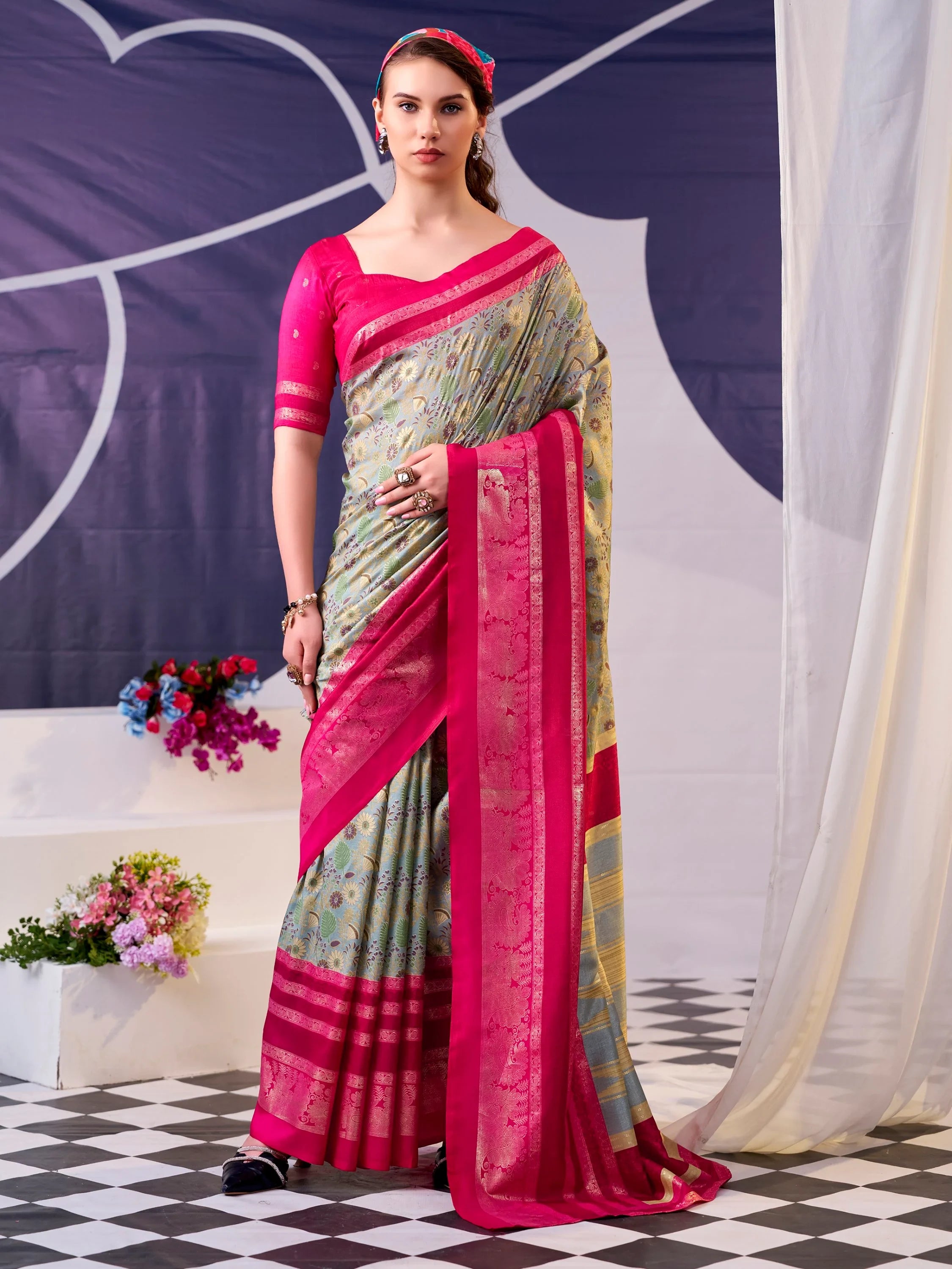 Notable Pink Flower Printed Silk Festive Wear Saree With Blouse