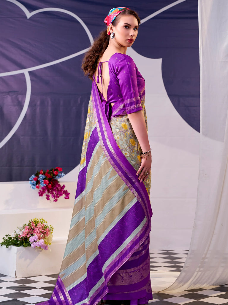 Classy Purple Foil Work Silk Marriage Wear Saree With Blouse