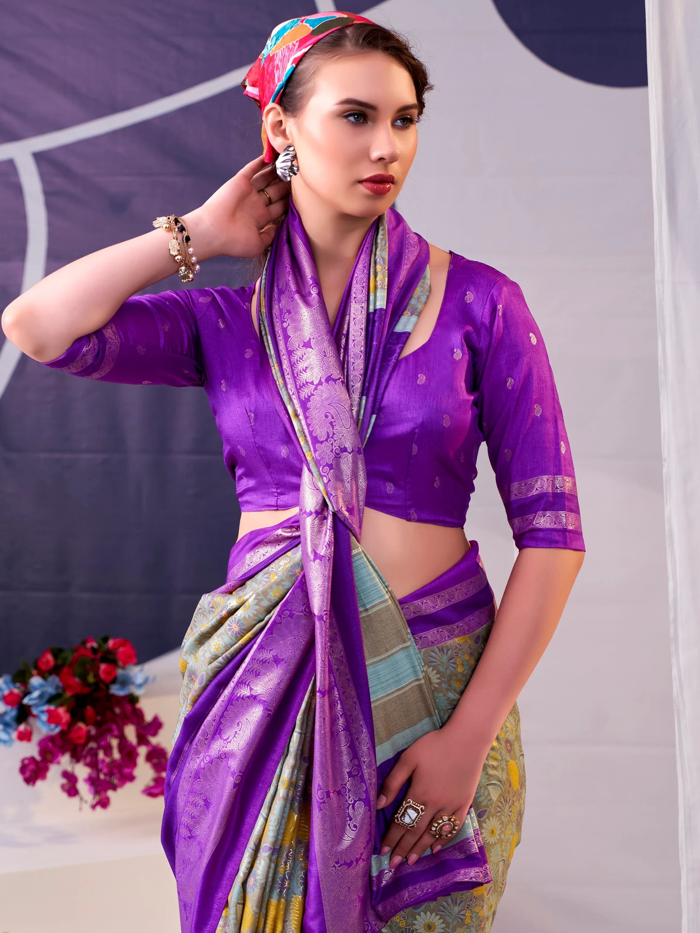 Classy Purple Foil Work Silk Marriage Wear Saree With Blouse