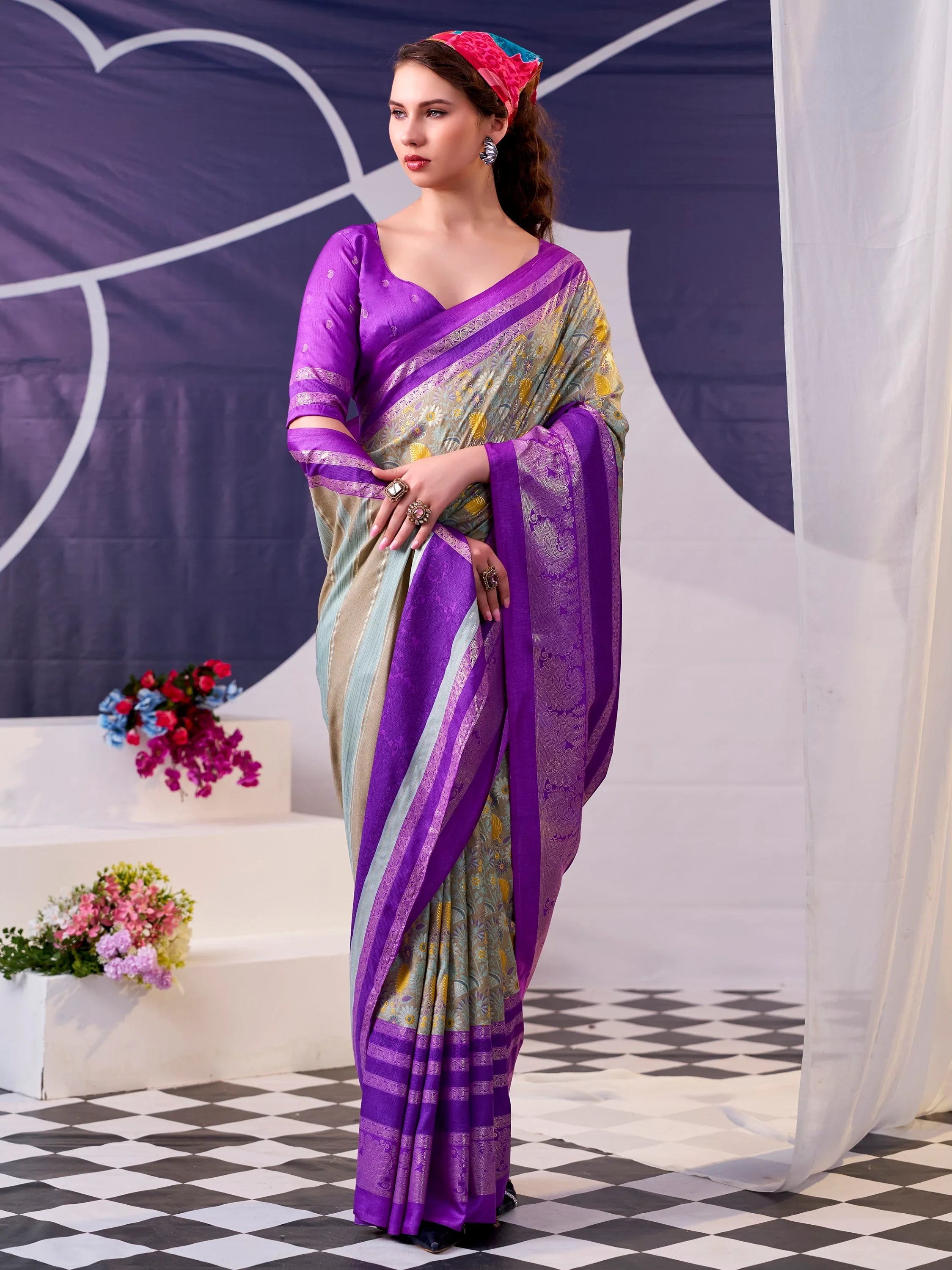 Classy Purple Foil Work Silk Marriage Wear Saree With Blouse