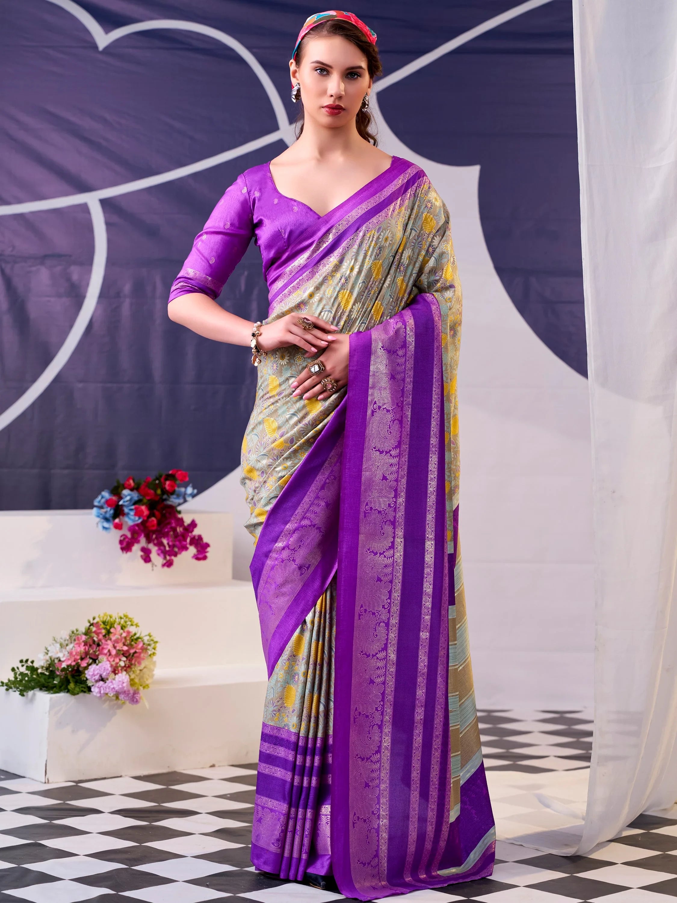 Classy Purple Foil Work Silk Marriage Wear Saree With Blouse