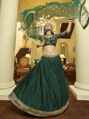 Tantalizing Green Art Silk Thread Embroidered Lehenga Choli With Dupatta