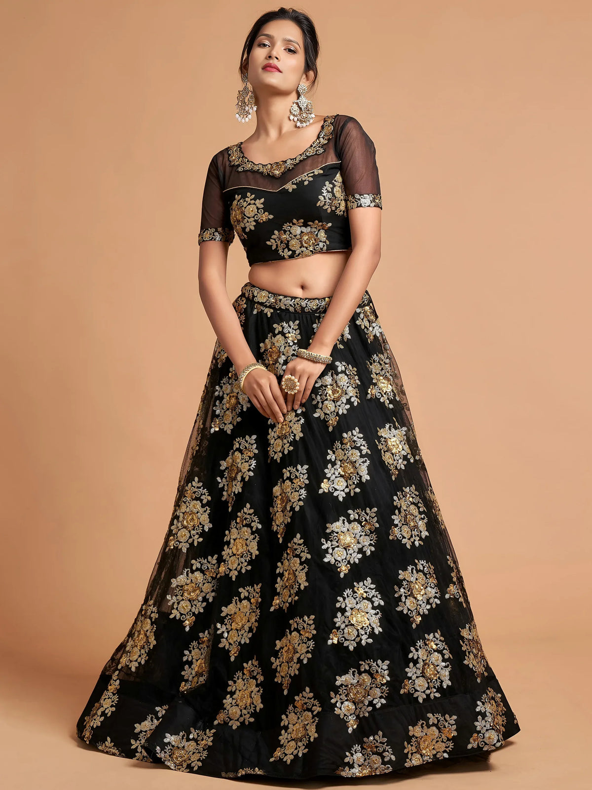 Beautiful Black Sequins Net Party Wear Plus Size Lehenga Choli