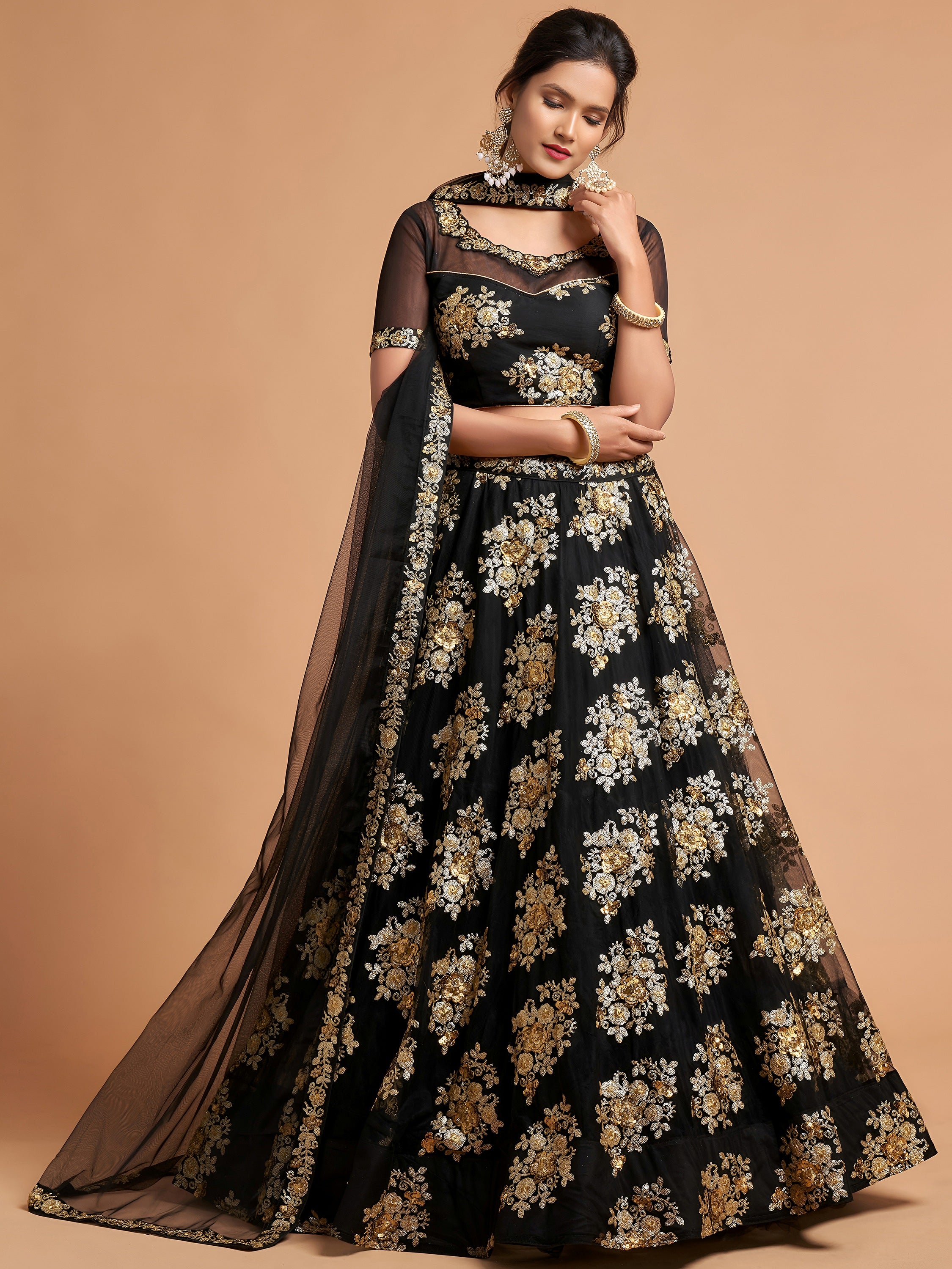 Beautiful Black Sequins Net Party Wear Plus Size Lehenga Choli