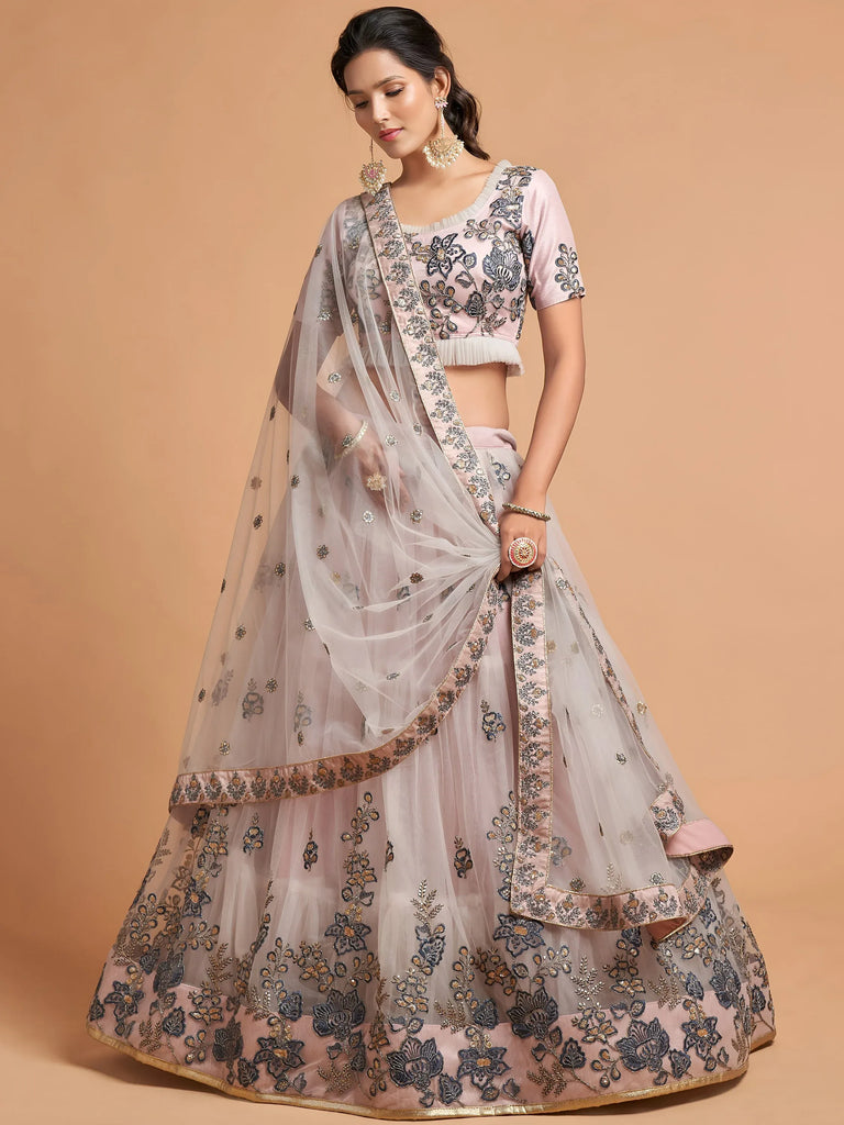 Charming Grey Embroidered Net Reception Wear Plus Size Lehenga Choli
