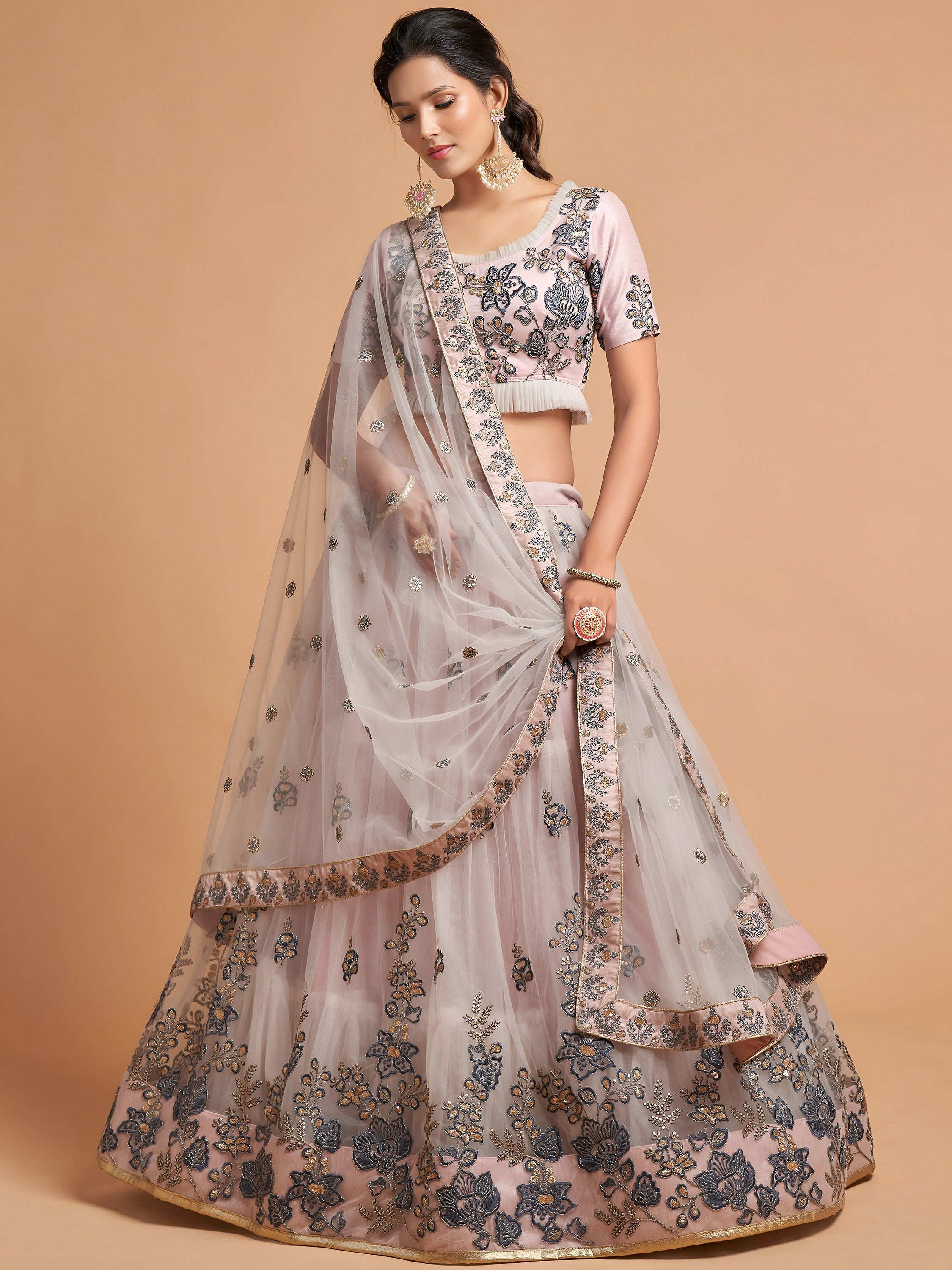 Charming Grey Embroidered Net Reception Wear Plus Size Lehenga Choli