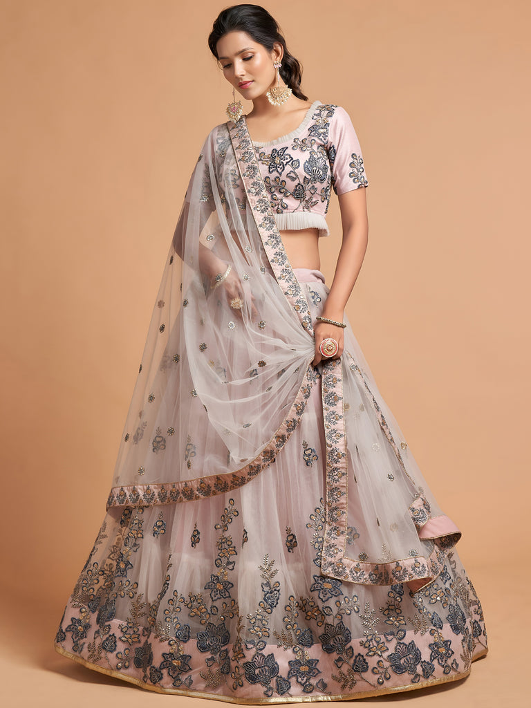 Brilliant Grey Zari Embroidered Net Party Wear Lehenga Choli