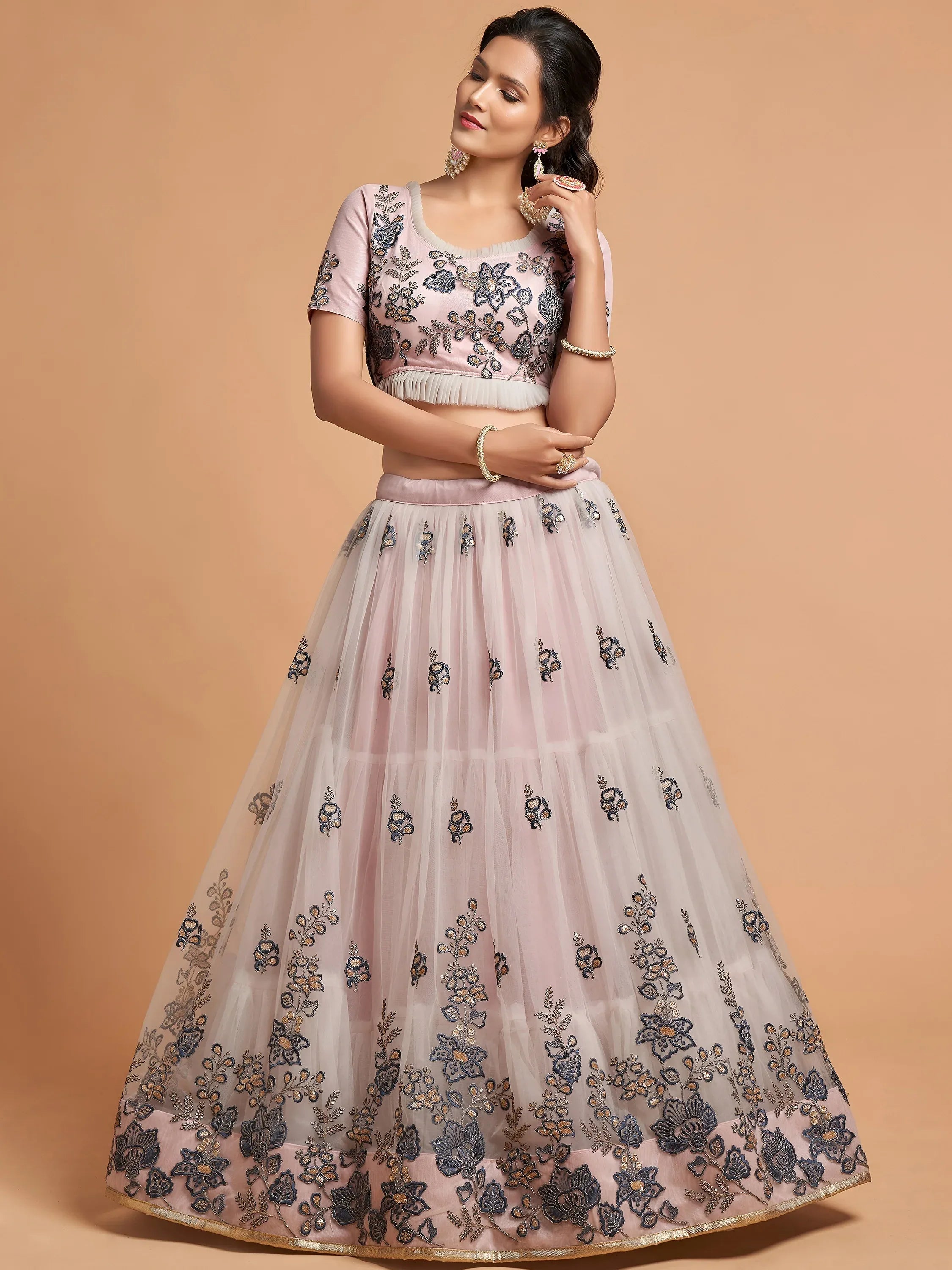 Charming Grey Embroidered Net Reception Wear Plus Size Lehenga Choli