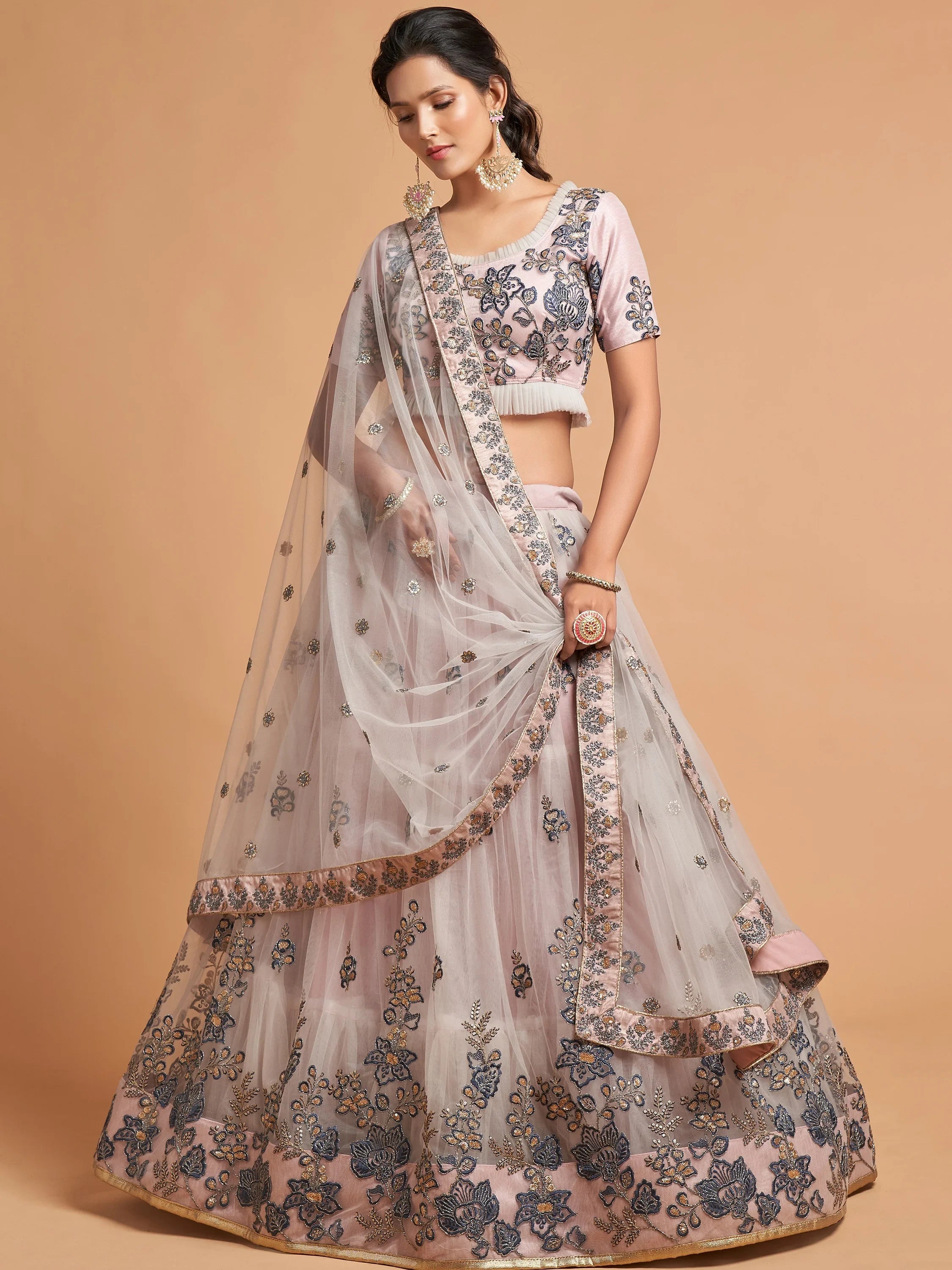 Charming Grey Embroidered Net Reception Wear Plus Size Lehenga Choli